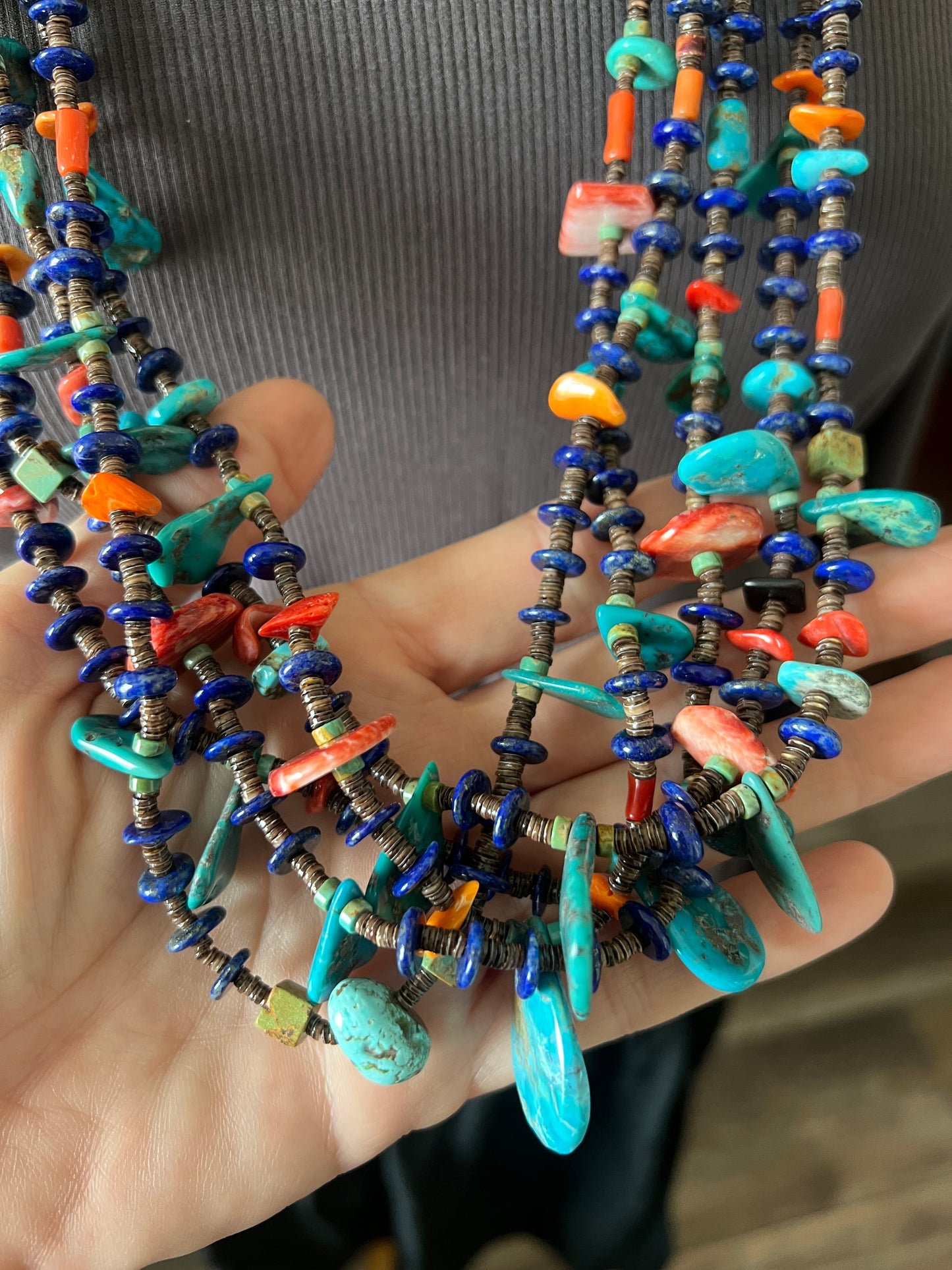 Gorgeous Handcrafted Made Five Strand Lapis, Spiny Oyster and Turquoise Beaded Squaw Wrap Necklace with Tabs by Daniel Coriz