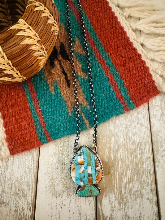 Handcrafted Sterling Silver & Multi Stone Inlay Spade Necklace