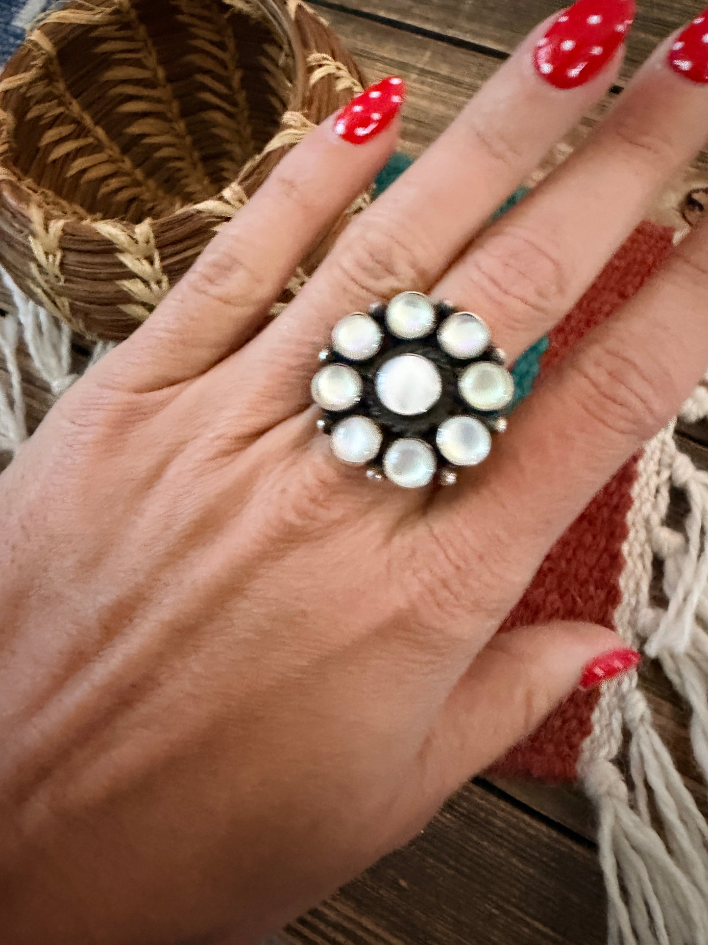 Handcrafted Mother of Pearl & Sterling Silver Cluster Ring Size 8.5