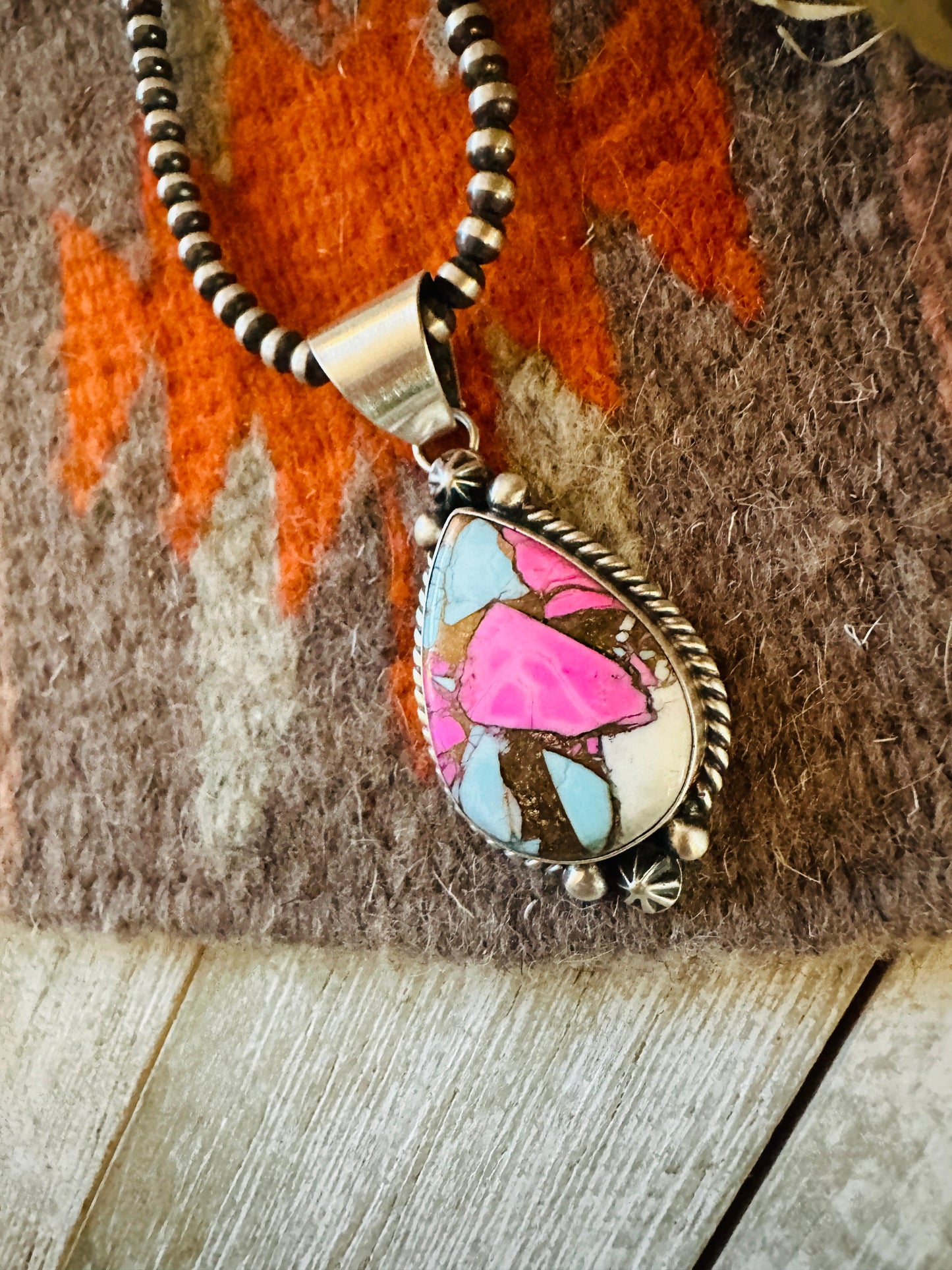 Handcrafted Cotton Candy & Sterling Silver Teardrop Pendant