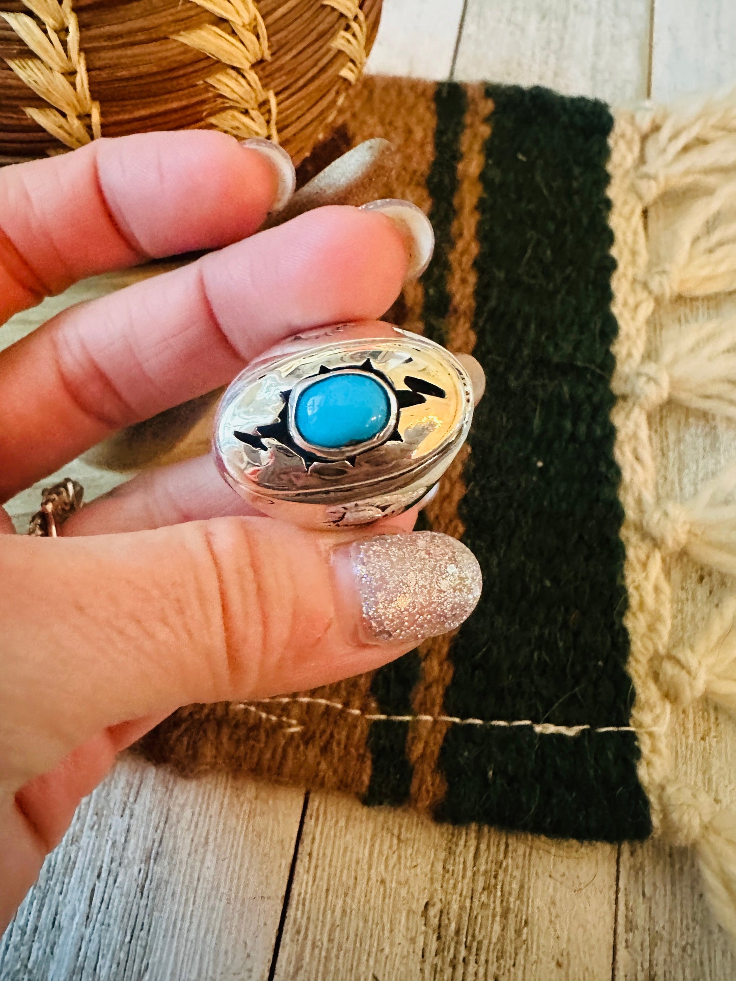 Handcrafted Sterling Silver & Turquoise Ring Size 10.5