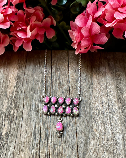 Handmade Sterling Silver & Fire Pink Opal Tear Drop Dangle, Bar Necklace