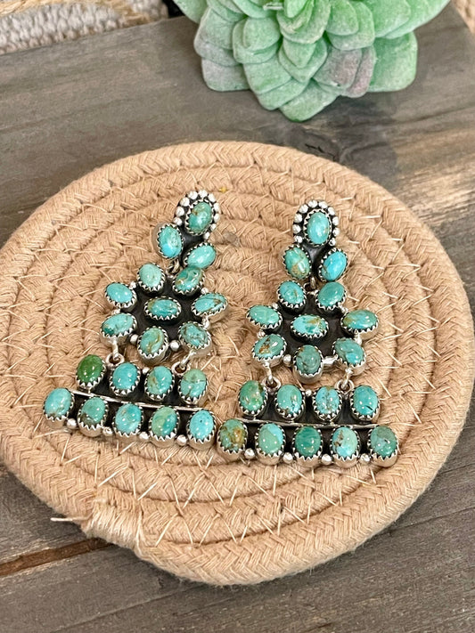Handmade Turquoise & Sterling Silver Post Dangle Cluster Earrings