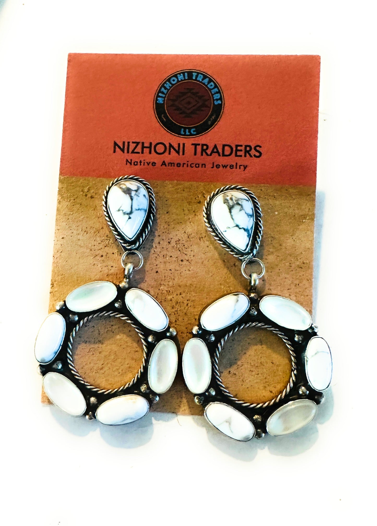 Navajo White Buffalo, Mother of Pearl and Sterling Silver Dangle Earrings