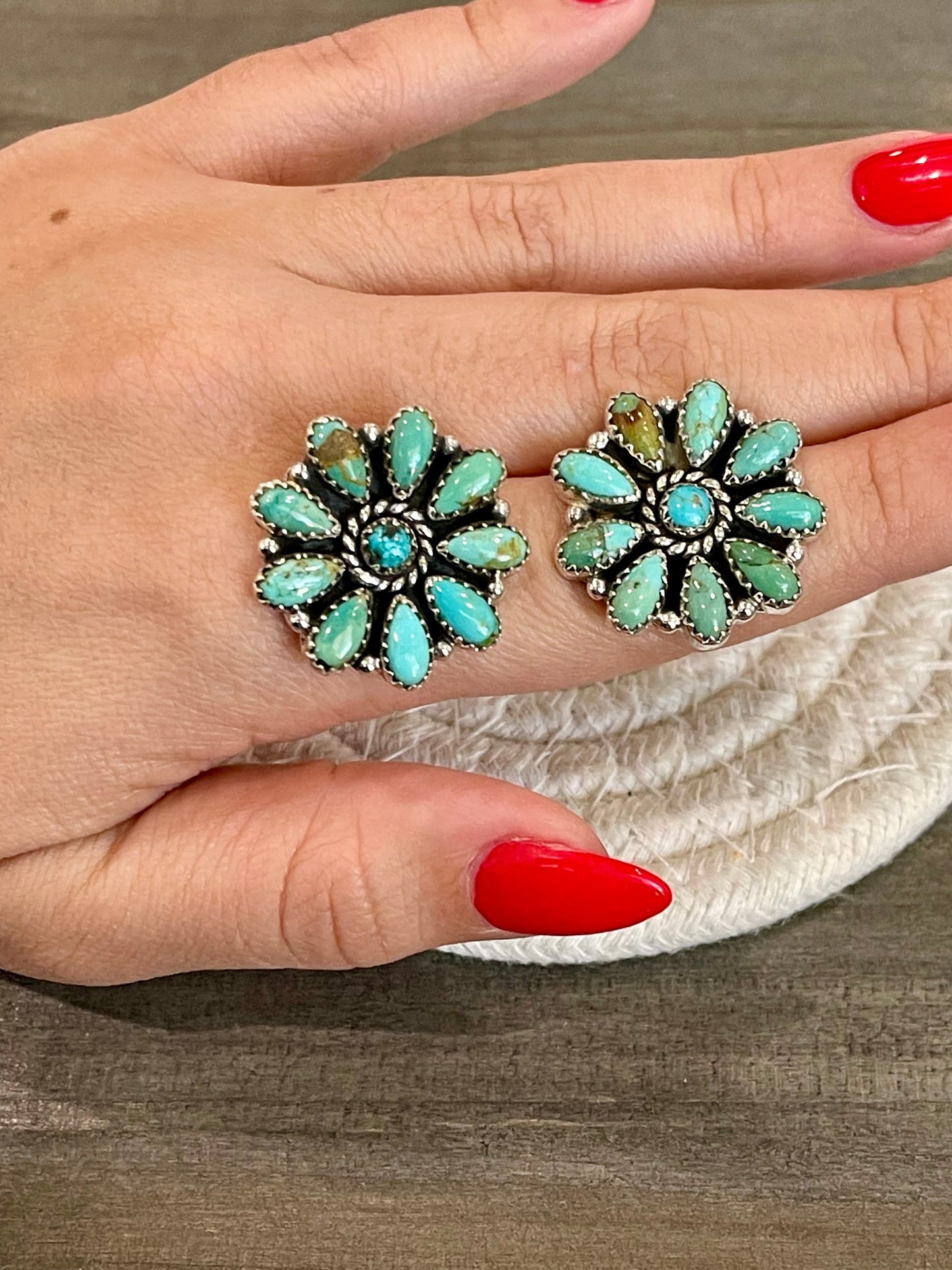 Handmade Turquoise & Sterling Silver Post Cluster Flower Earrings