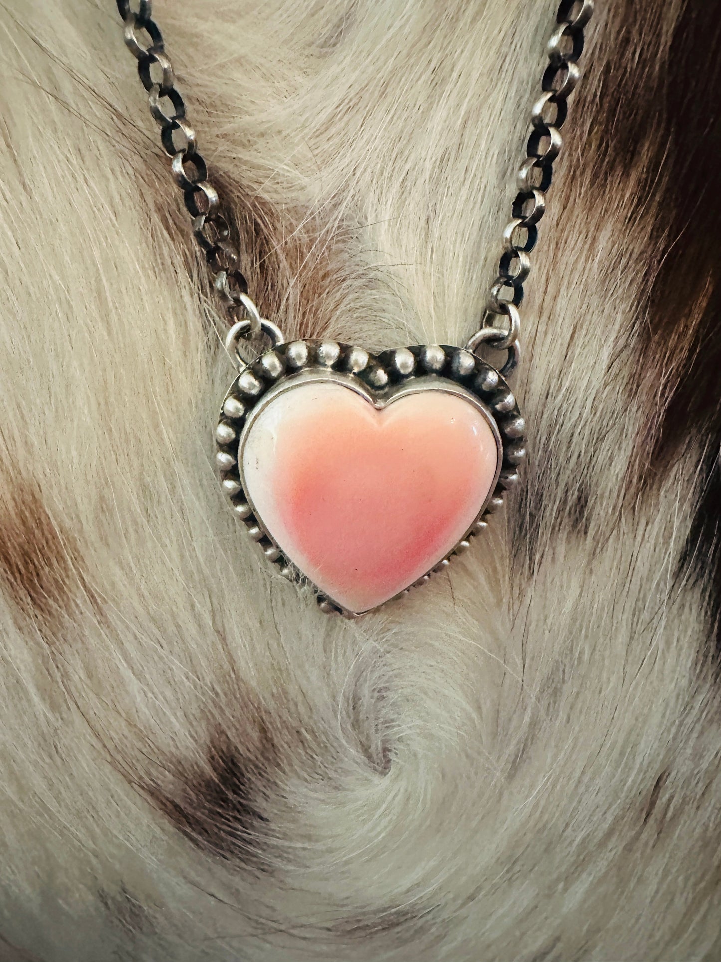 Handcrafted Queen Pink Conch & Sterling Silver Heart Necklace by Emer Thompson