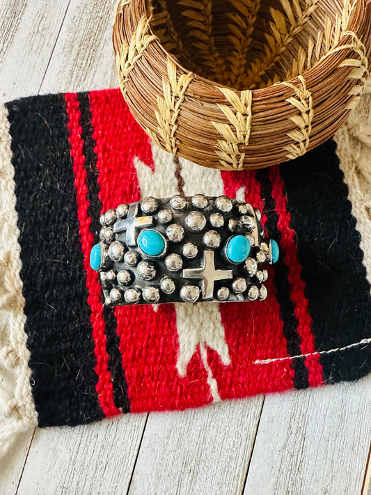 Handcrafted Turquoise & Sterling Silver Cross Cuff Bracelet By Chimney Butte /