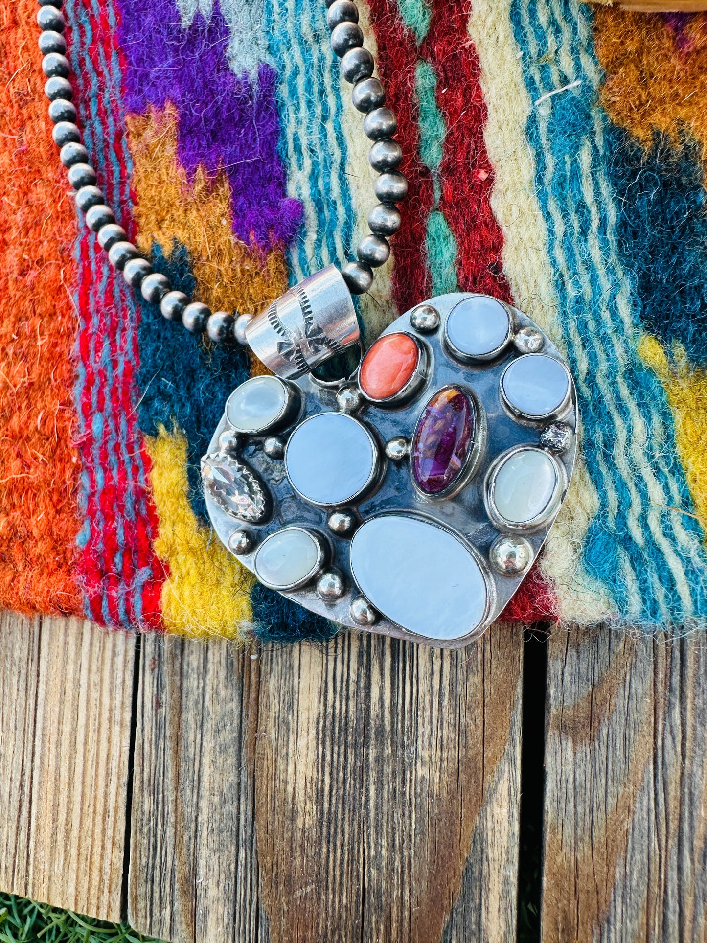 Handcrafted Mother of Pearl, Spiny, CZ & Sterling Silver Heart Pendant by Jacqueline Silver
