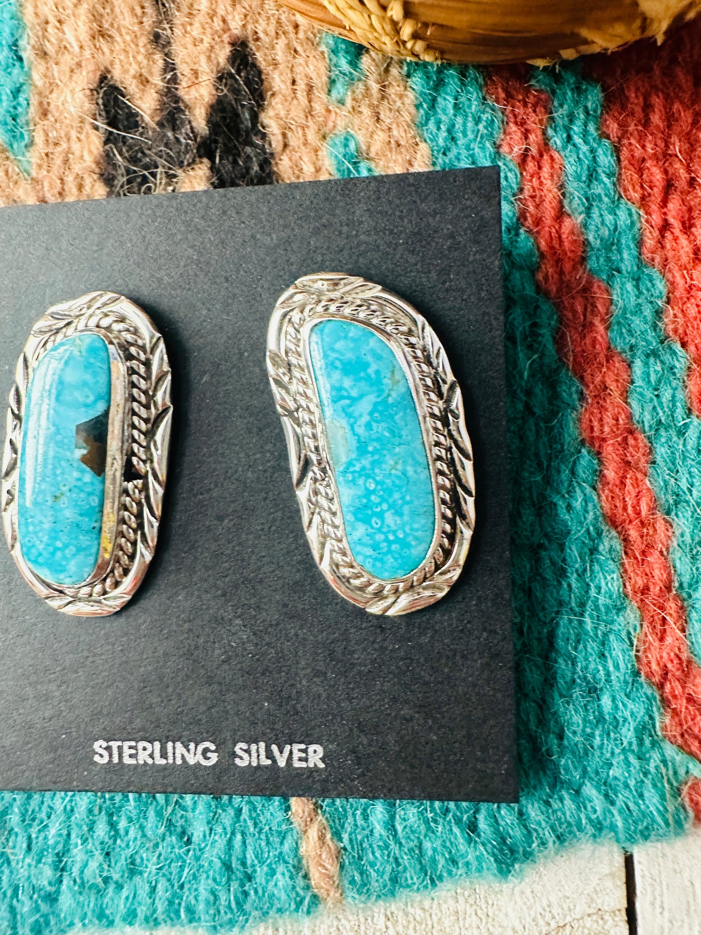 Handcrafted Turquoise & Sterling Silver Post Earrings Signed