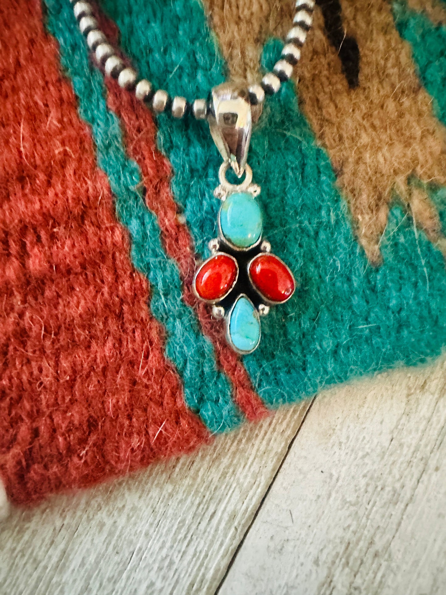 ** Christmas Collection ** Handmade Sterling Silver, Coral & Turquoise Pendant Signed Nizhoni