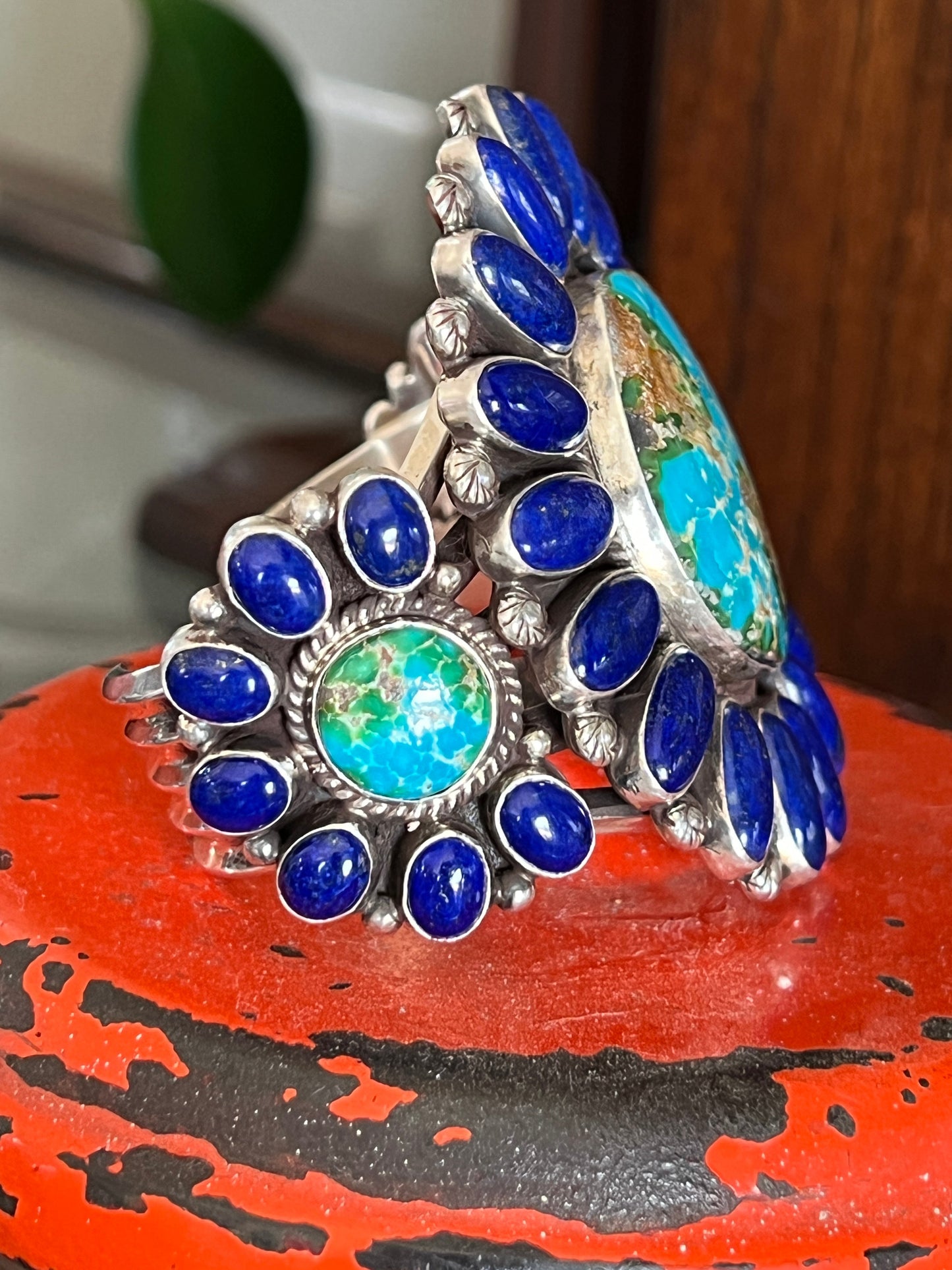 Sterling Silver, Sonoran Mountain Turquoise and Lapis Lazuli Cluster Cuff Bracelet by Tyler Brown /