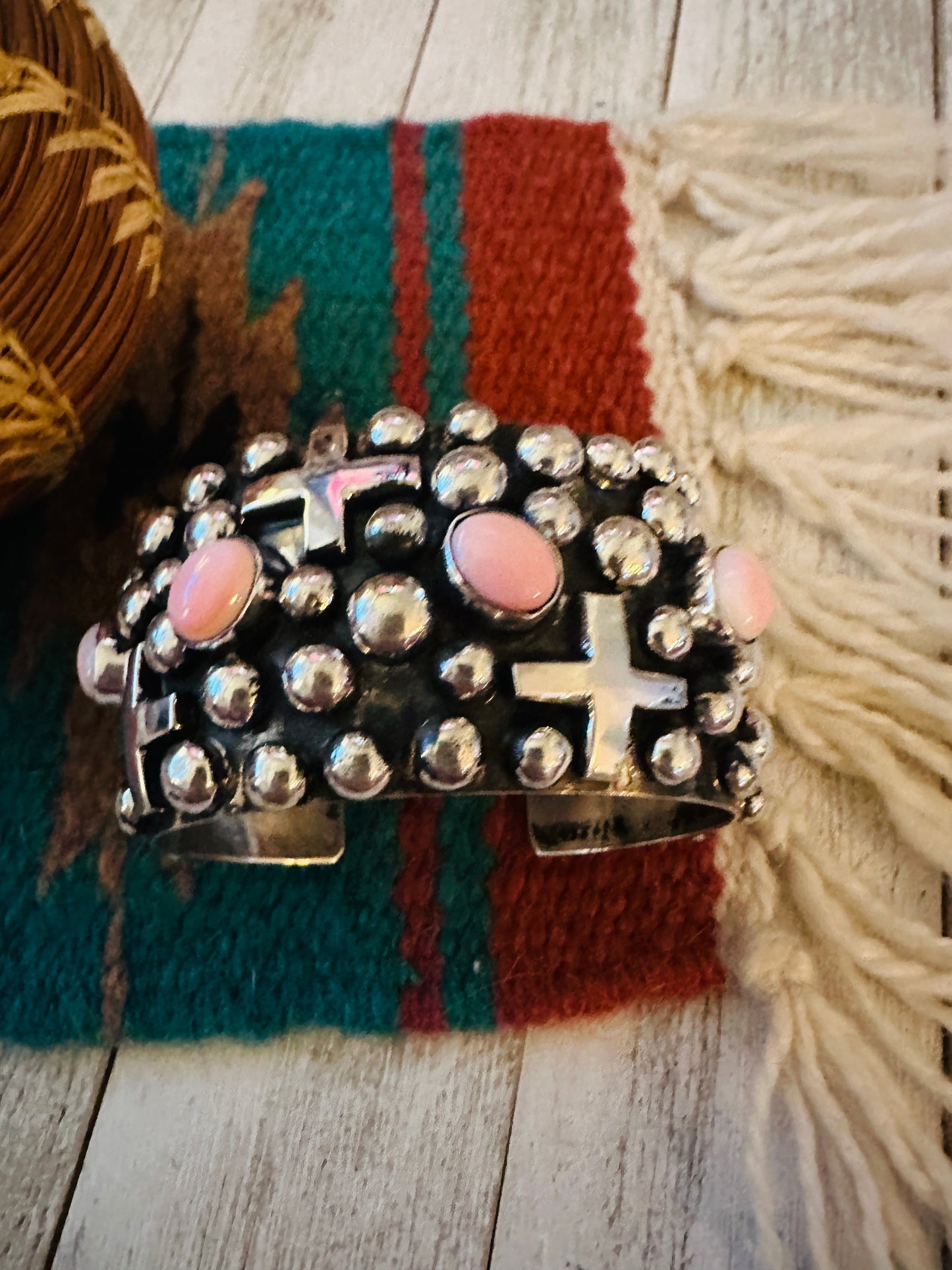 Handcrafted Sterling Silver & Queen Pink Conch Cross Cuff Bracelet By Chimney Butte /