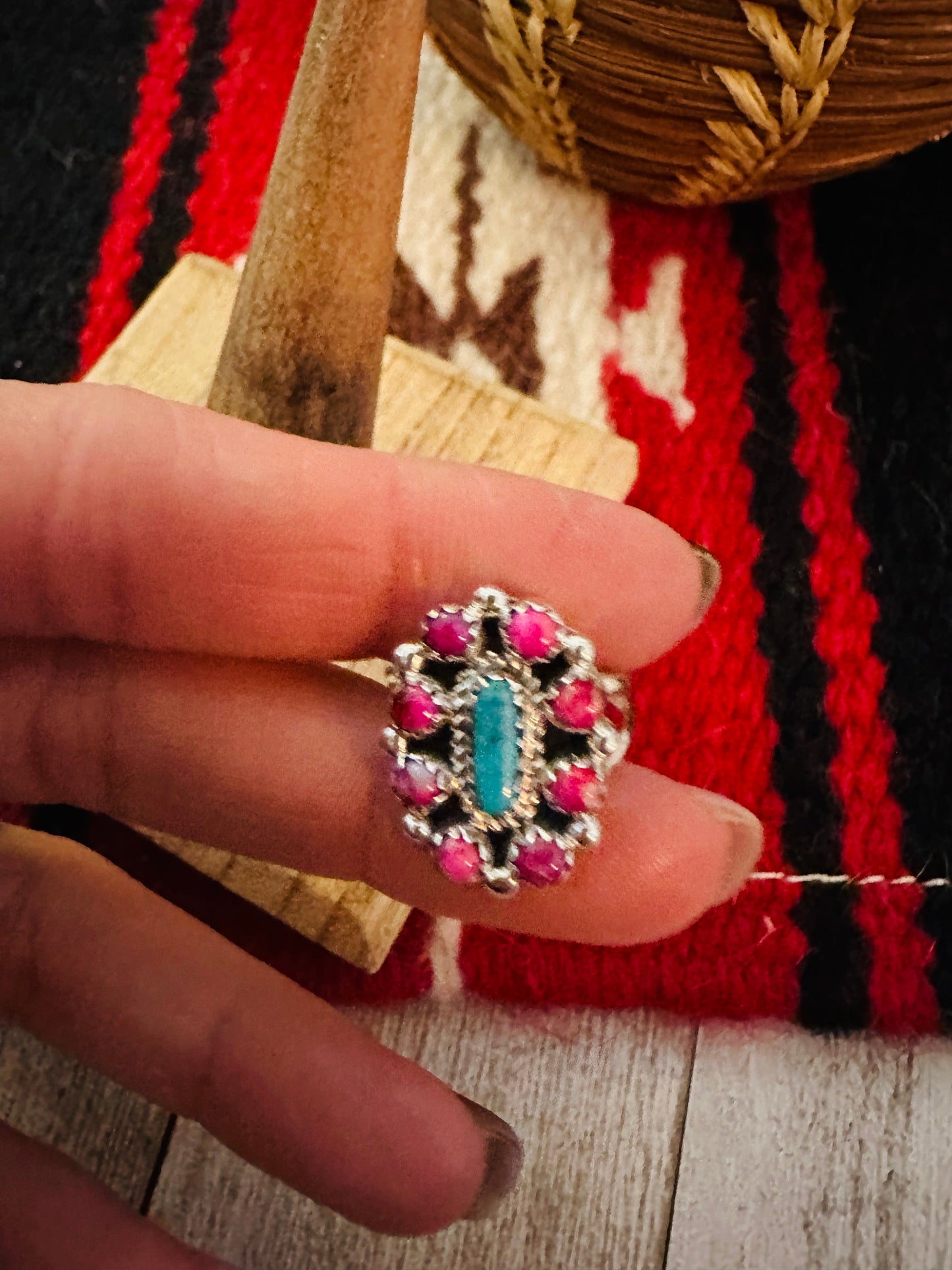 Handcrafted Sterling Silver, Pink Dream Mojave & Turquoise Cluster Adjustable Ring