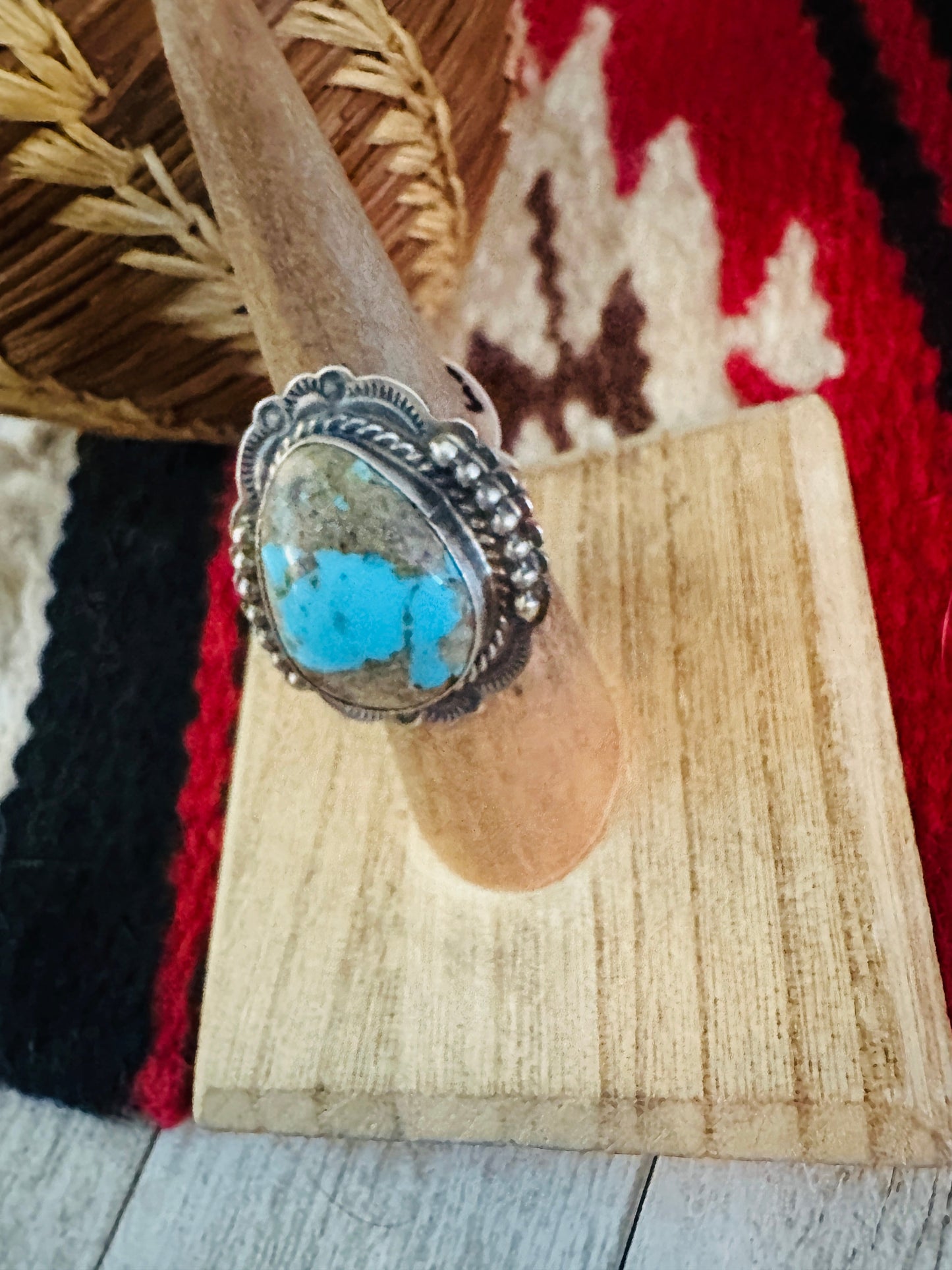 Handcrafted Sterling Silver & Number 8 Turquoise Ring Size 7