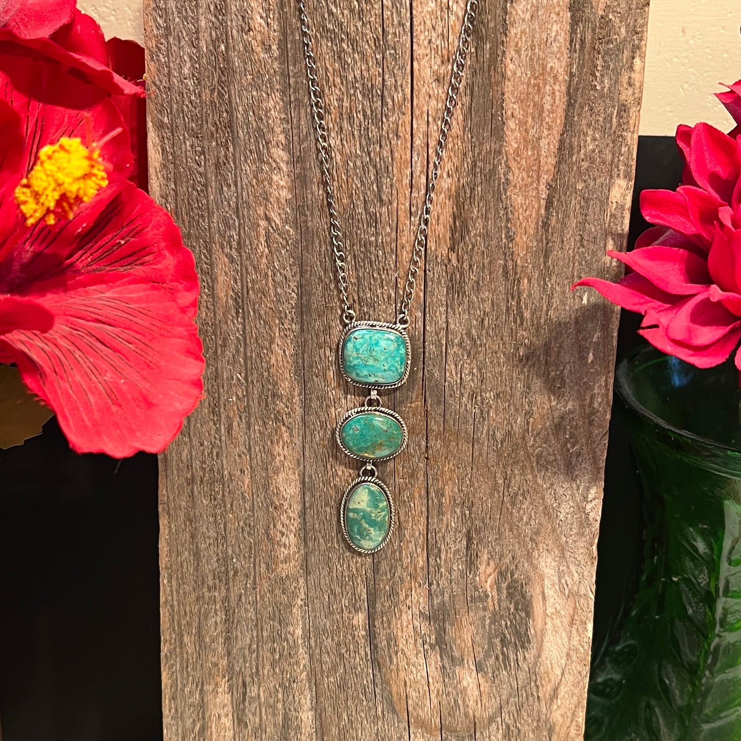 Handmade 3 Stone Turquoise & Sterling Silver Drop Necklace (03)