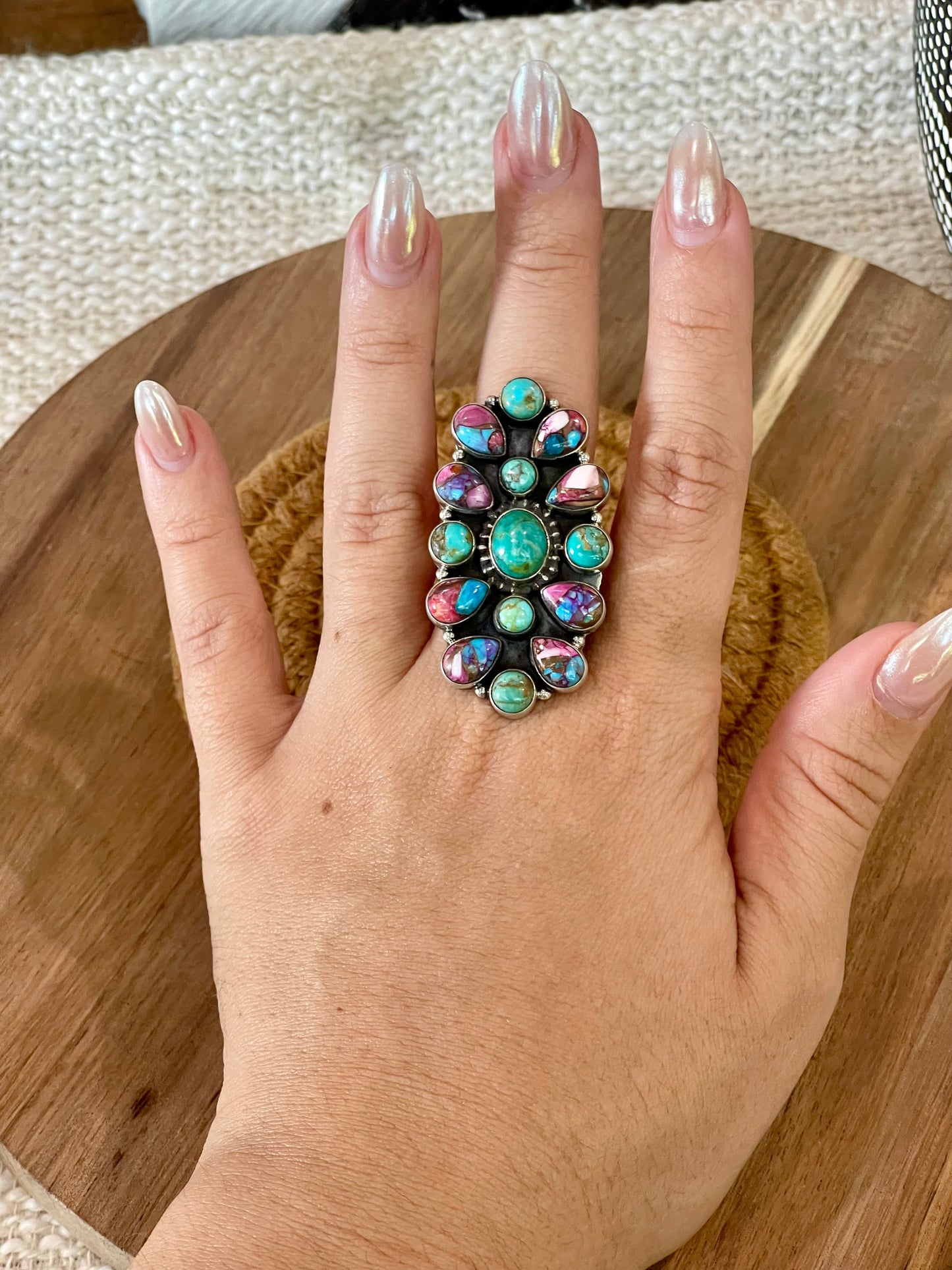 Handcrafted Sterling Silver & Multi Stone Adjustable Cluster Ring