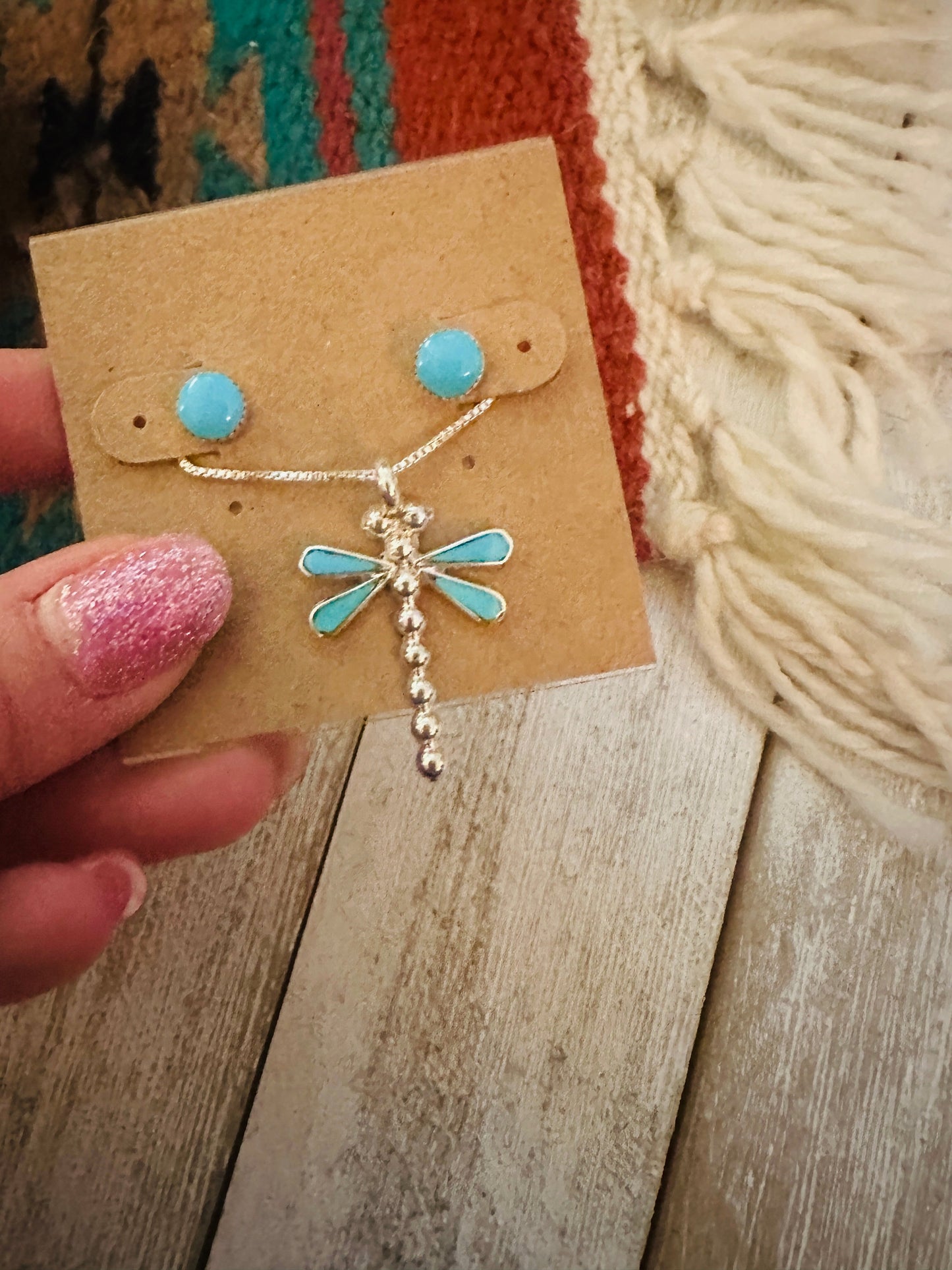 Zuni Sterling Silver & Turquoise Dragonfly Necklace and Earring Set