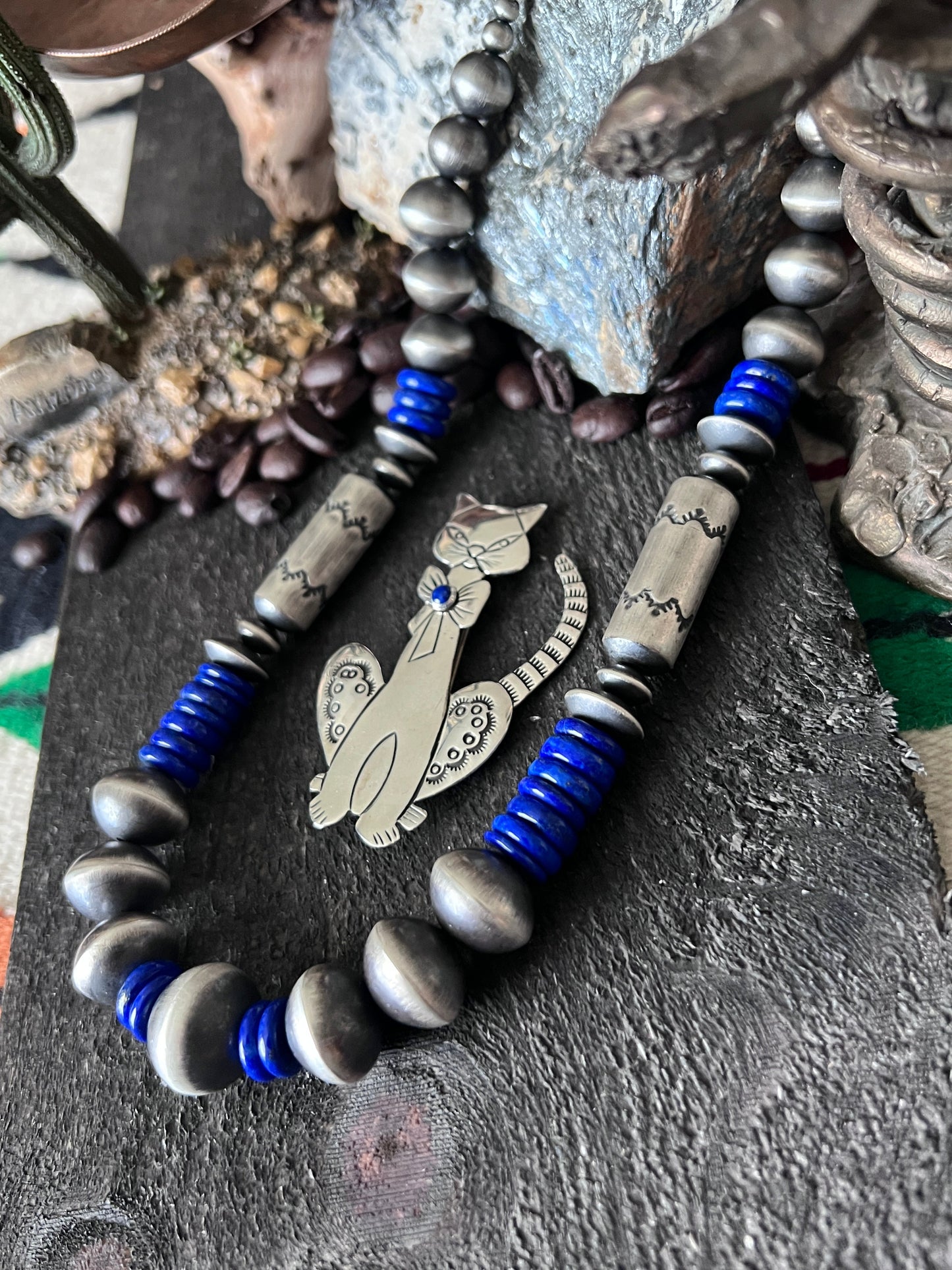Handcrafted Sterling Silver and Lapis Lazuli Single Strand Beaded Statement Necklace by Rose Martin, 16” + 2”