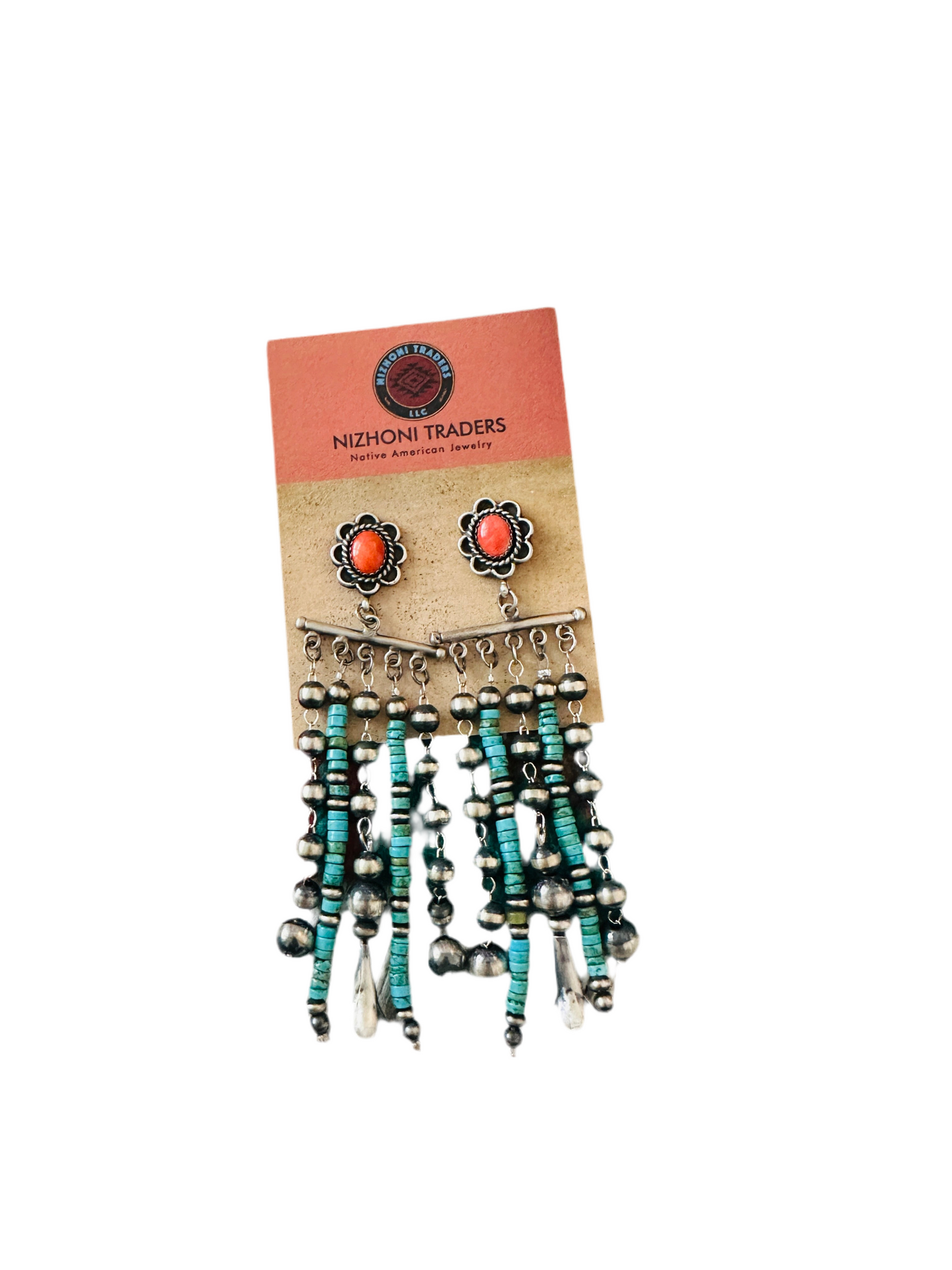 Handcrafted Turquoise, Coral  & Sterling Silver Pearl Beaded Tassel Dangle Earrings