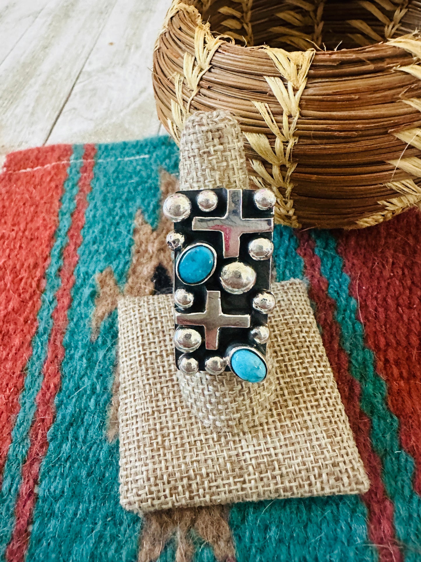 Handcrafted Turquoise & Sterling Silver Cross Ring Chimney Butte Size 8