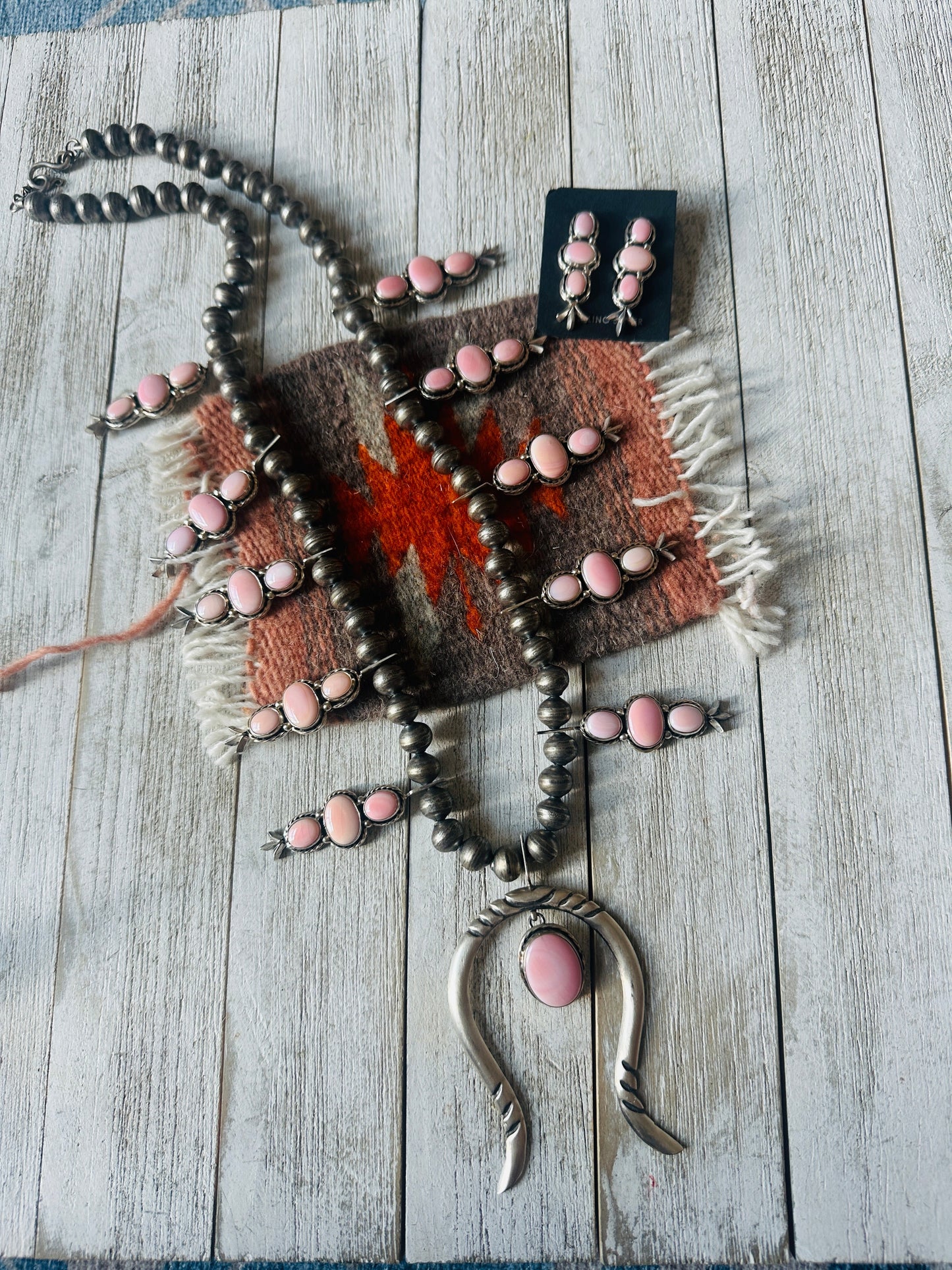 Handcrafted Sterling Silver & Queen Pink Conch Squash Blossom Necklace Set