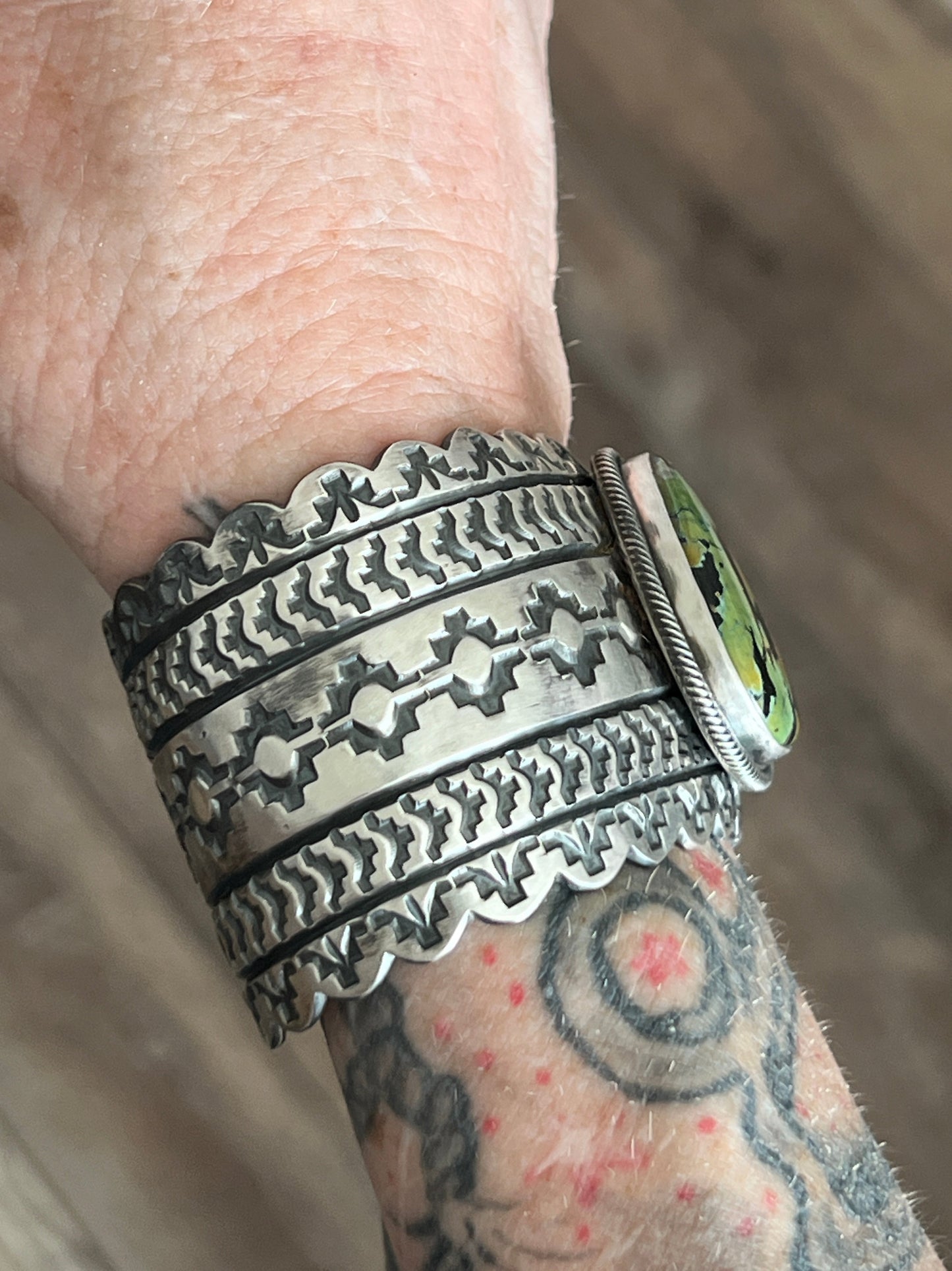 Handcrafted Hand Stamped Sterling Silver and Blackjack Turquoise Cuff Bracelet by Randy Boyd
