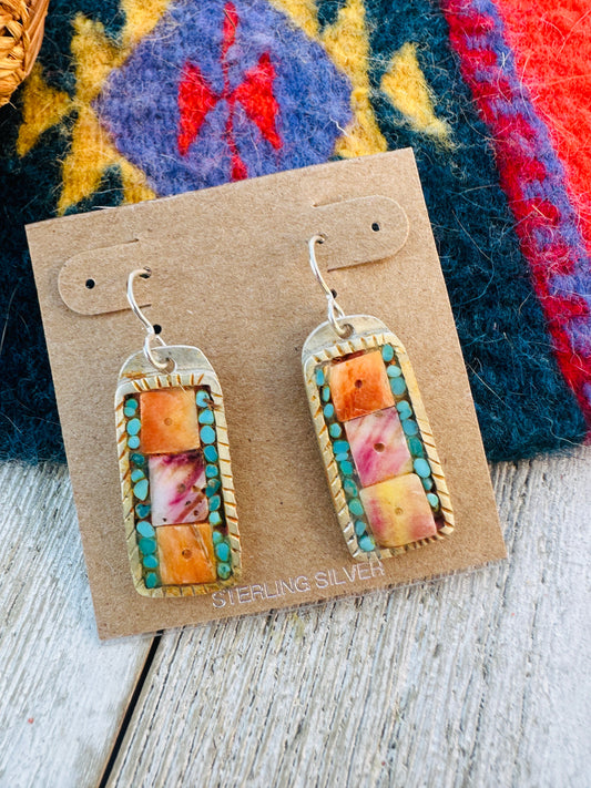 Handcrafted Spiny, Turquoise & Sterling Silver Inlay Dangle Earrings
