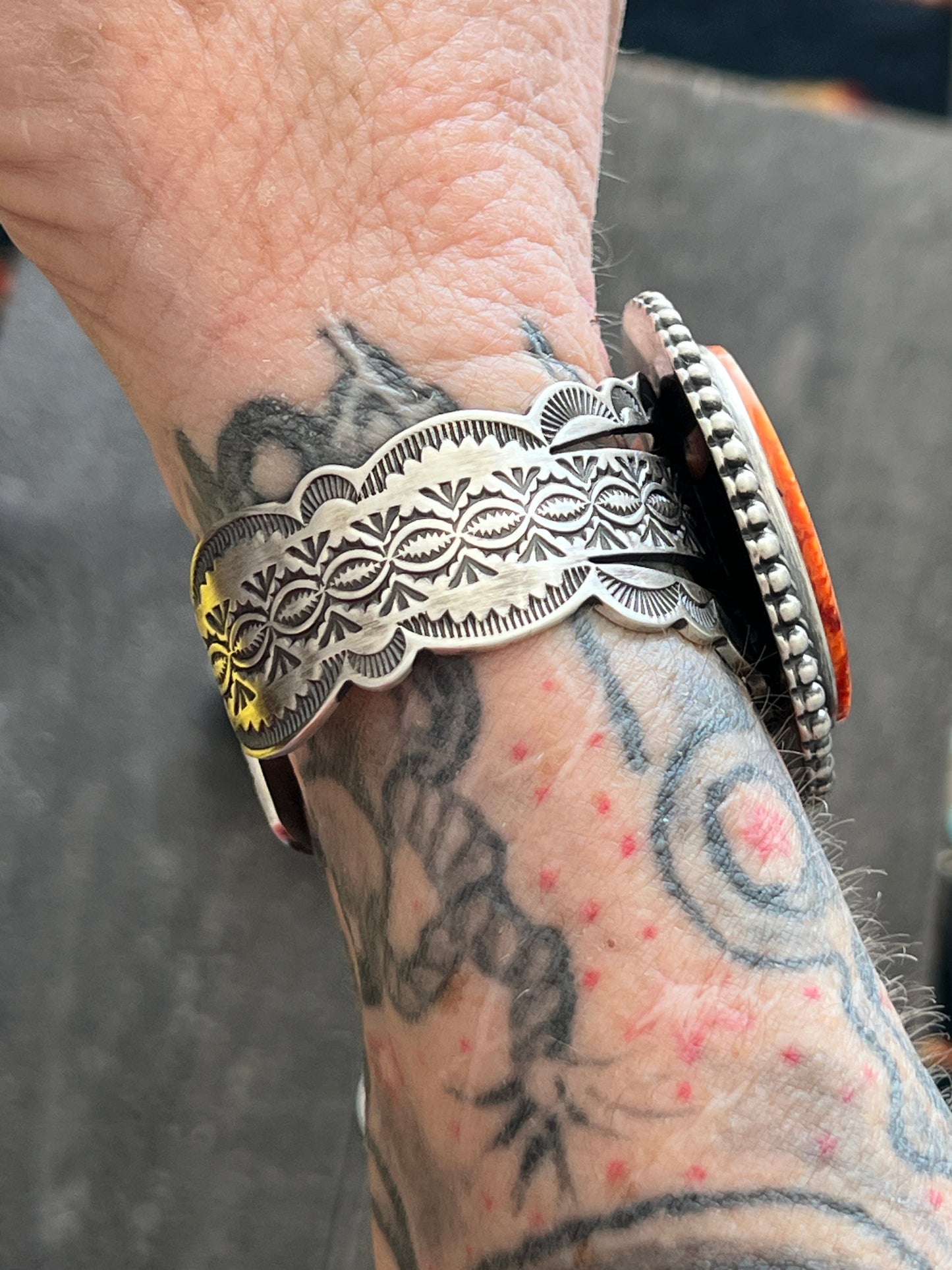 Handcrafted & Hand Stamped Sterling Silver Split Cuff Bracelet with Spiny Oyster Shell by Murphy Platero