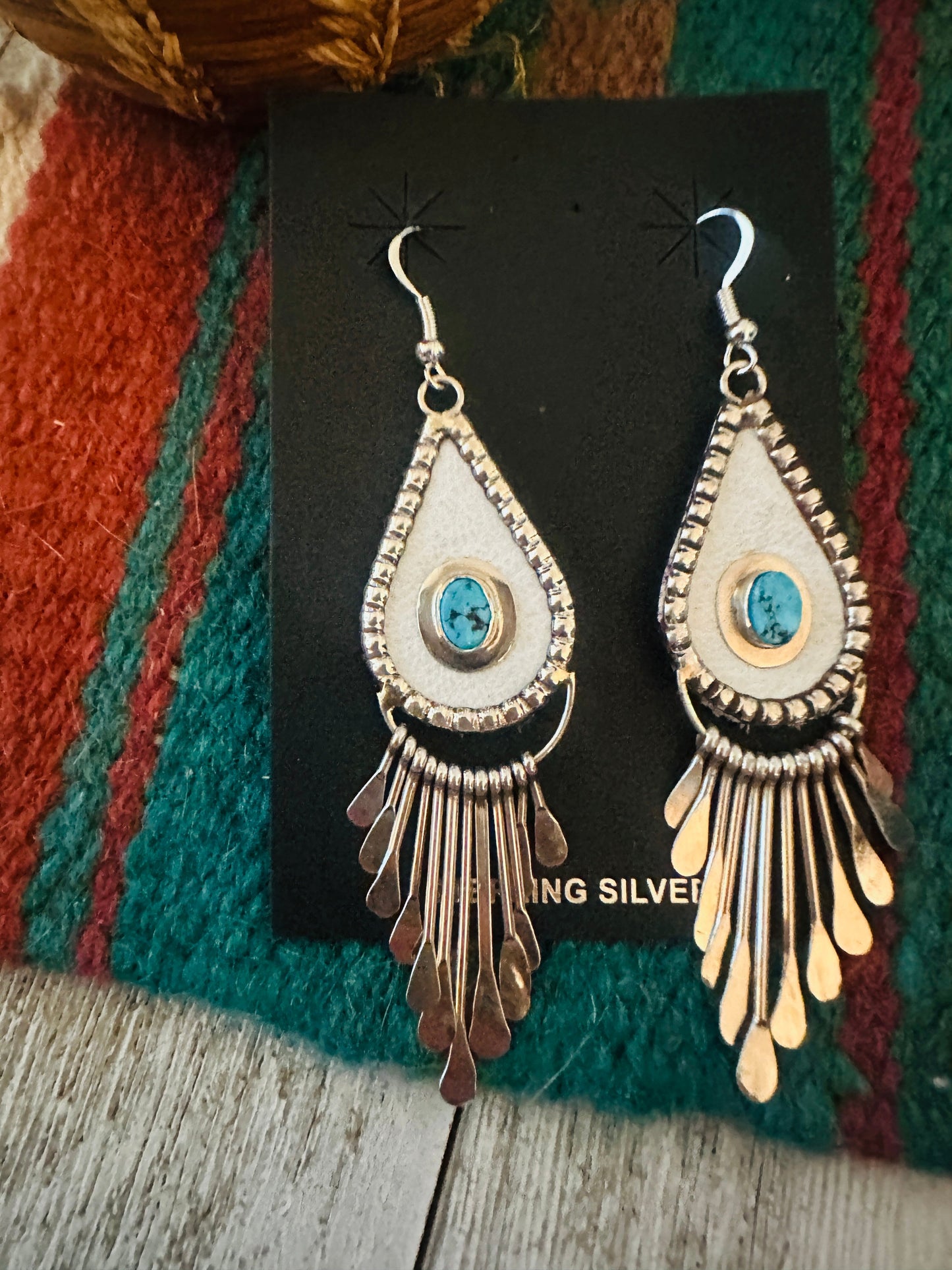Handcrafted Turquoise & Sterling Silver Leather Chandelier Dangle Earrings