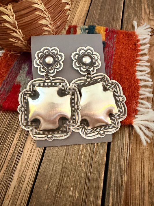 Handcrafted Sterling Silver Concho Cross Dangle Earrings by Leander Tahe