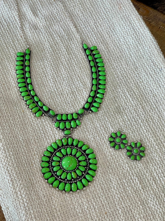 Beautiful Handmade Sterling Silver & Dyed Kingman Turquoise Cluster Necklace And Earring Set