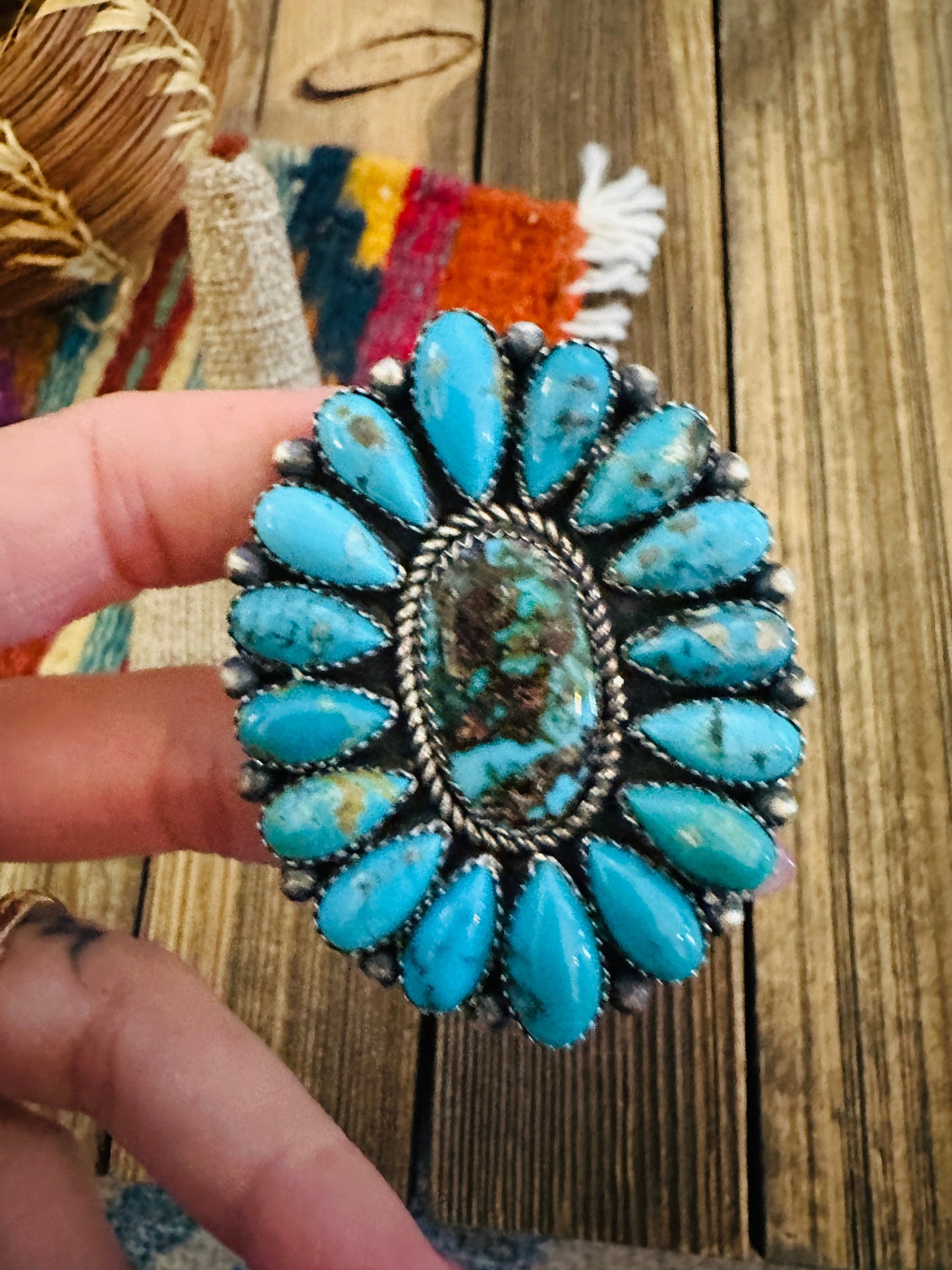 Handcrafted Turquoise & Sterling Silver Adjustable Cluster Ring