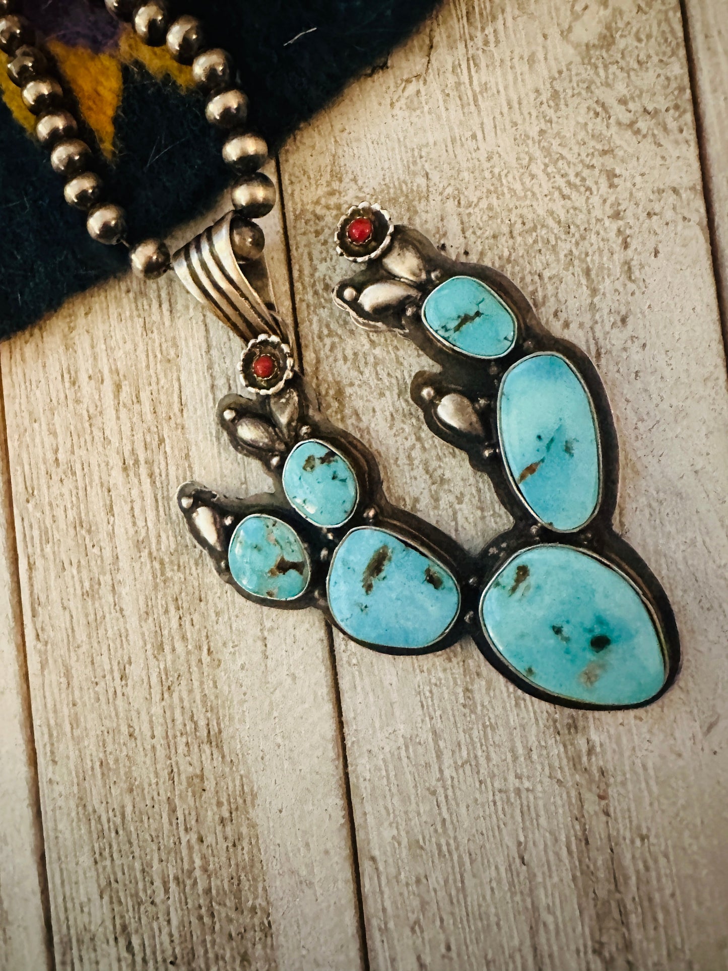 Handcrafted Turquoise, Coral and Sterling Silver Cactus Pendant