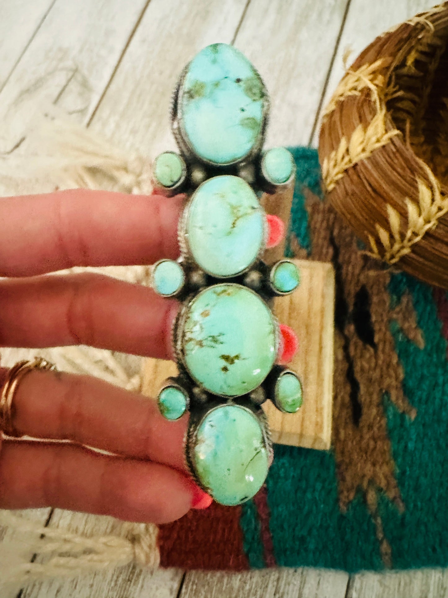 Handcrafted Turquoise & Sterling Silver Cluster Ring by Bobby Johnson, Size 9
