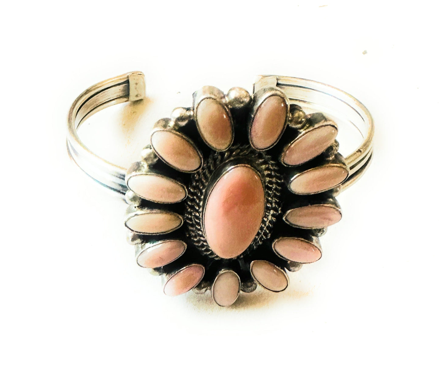 Navajo Queen Pink Conch Shell & Sterling Silver Cluster Cuff Bracelet