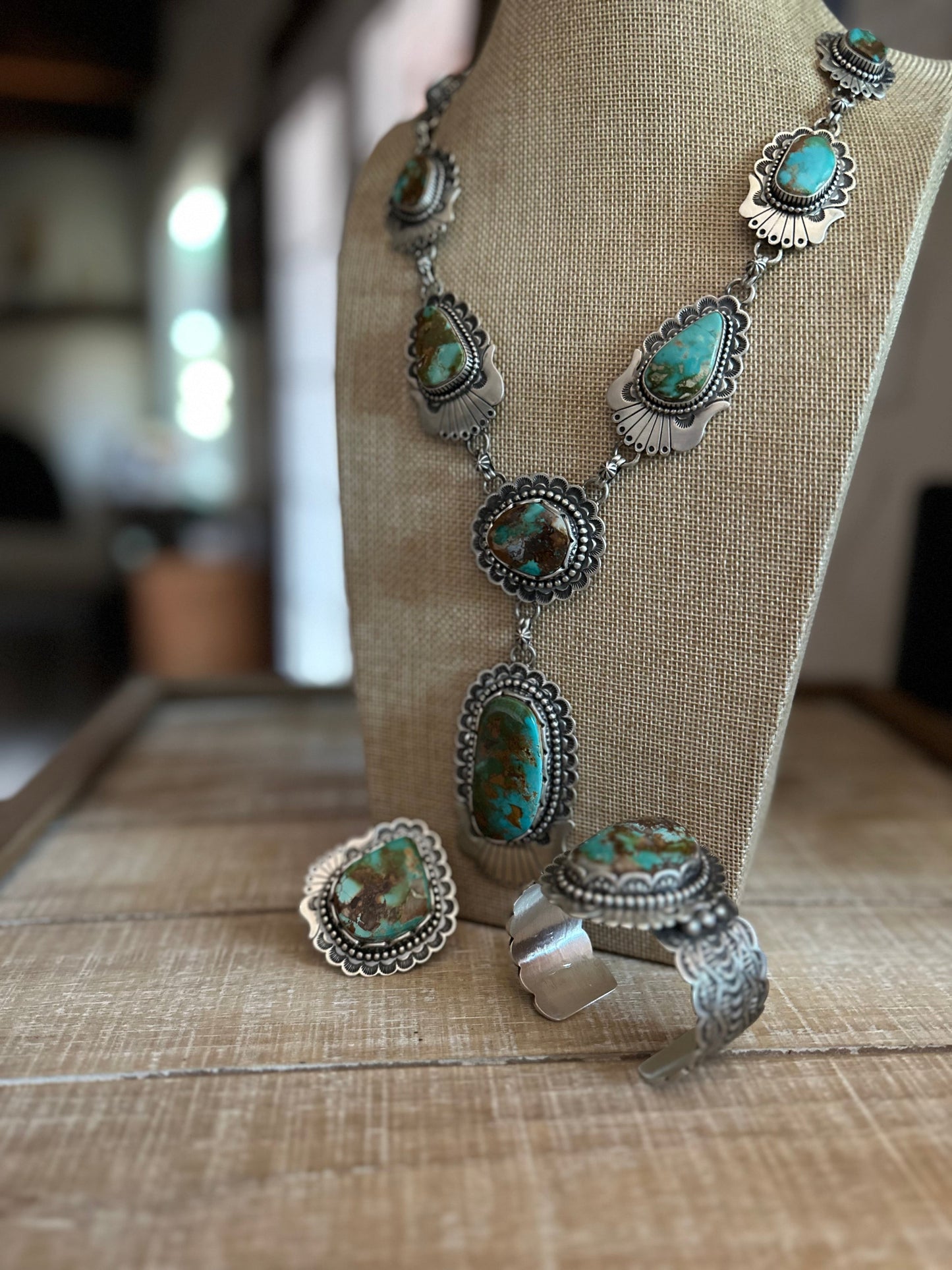 Charles Johnson Handcrafted Royston Turquoise & Sterling Silver Necklace, Bracelet and Ring Set Signed