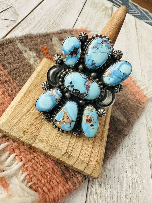 Handcrafted Golden Hills Turquoise & Sterling Silver Cluster Ring Size 9.5
