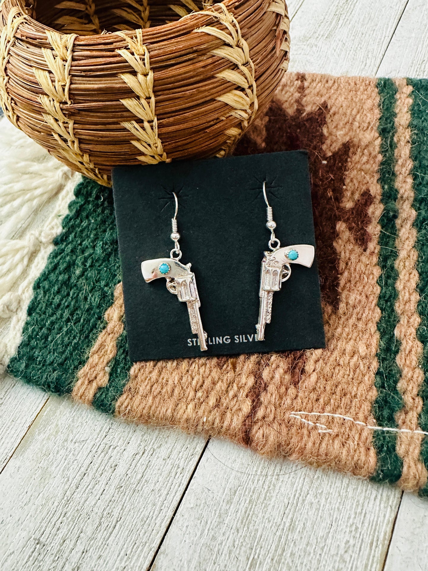 Navajo Turquoise And Sterling Silver Pistol Dangle Earrings