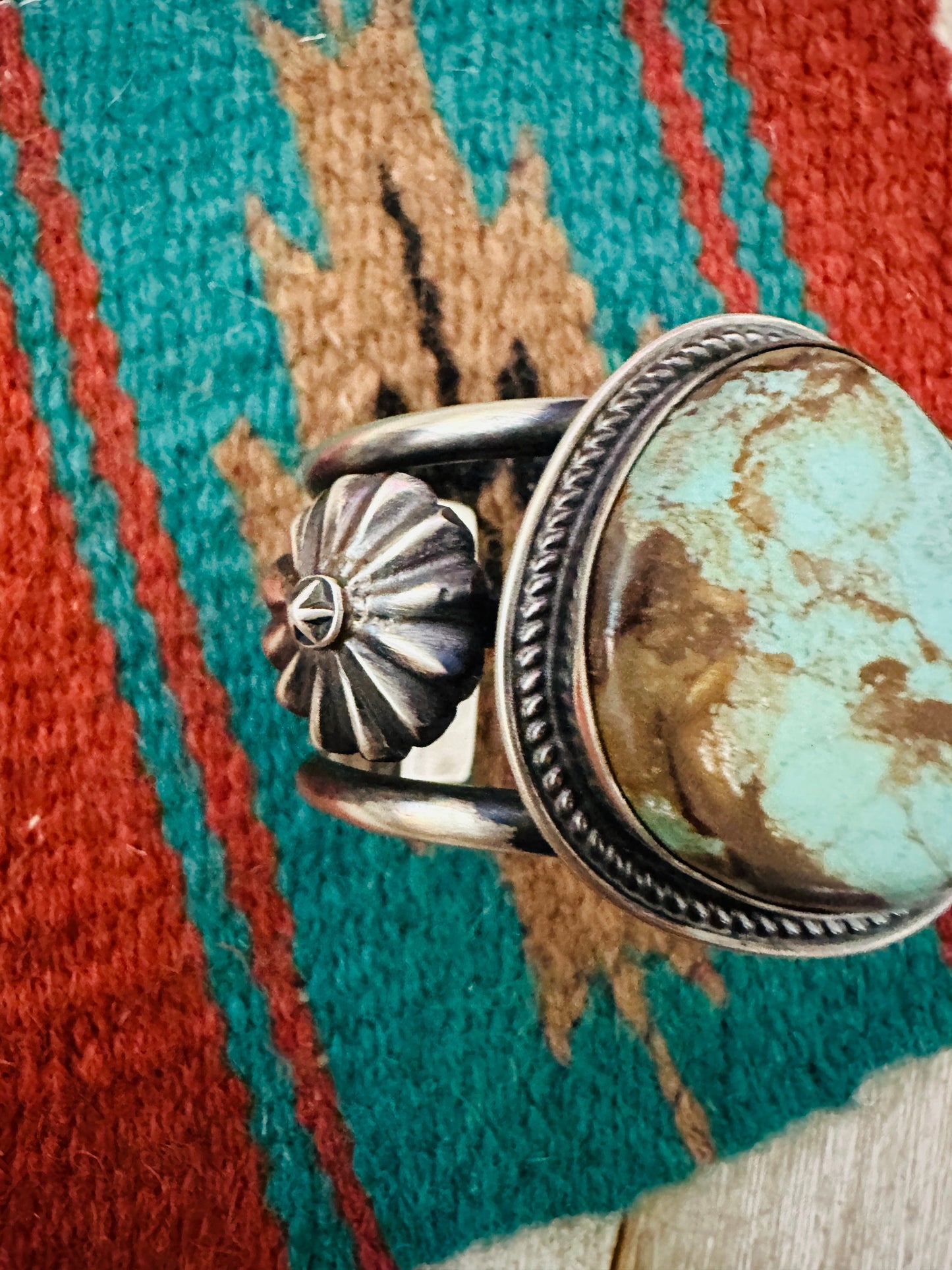 Navajo Sterling Silver & Number 8 Turquoise Cuff Bracelet by Chimney Butte