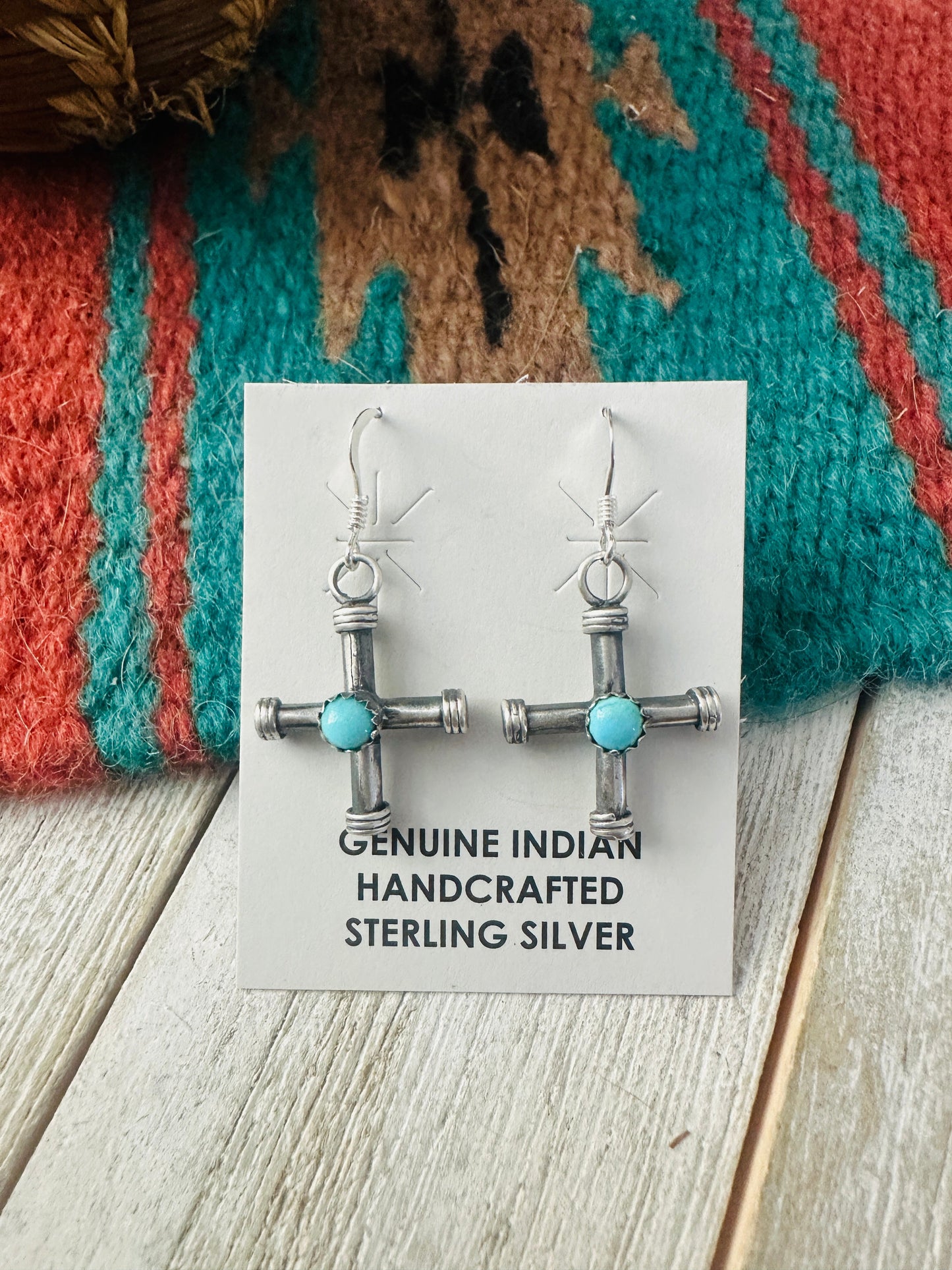 Handcrafted Sterling Silver & Turquoise Cross Dangle Earrings