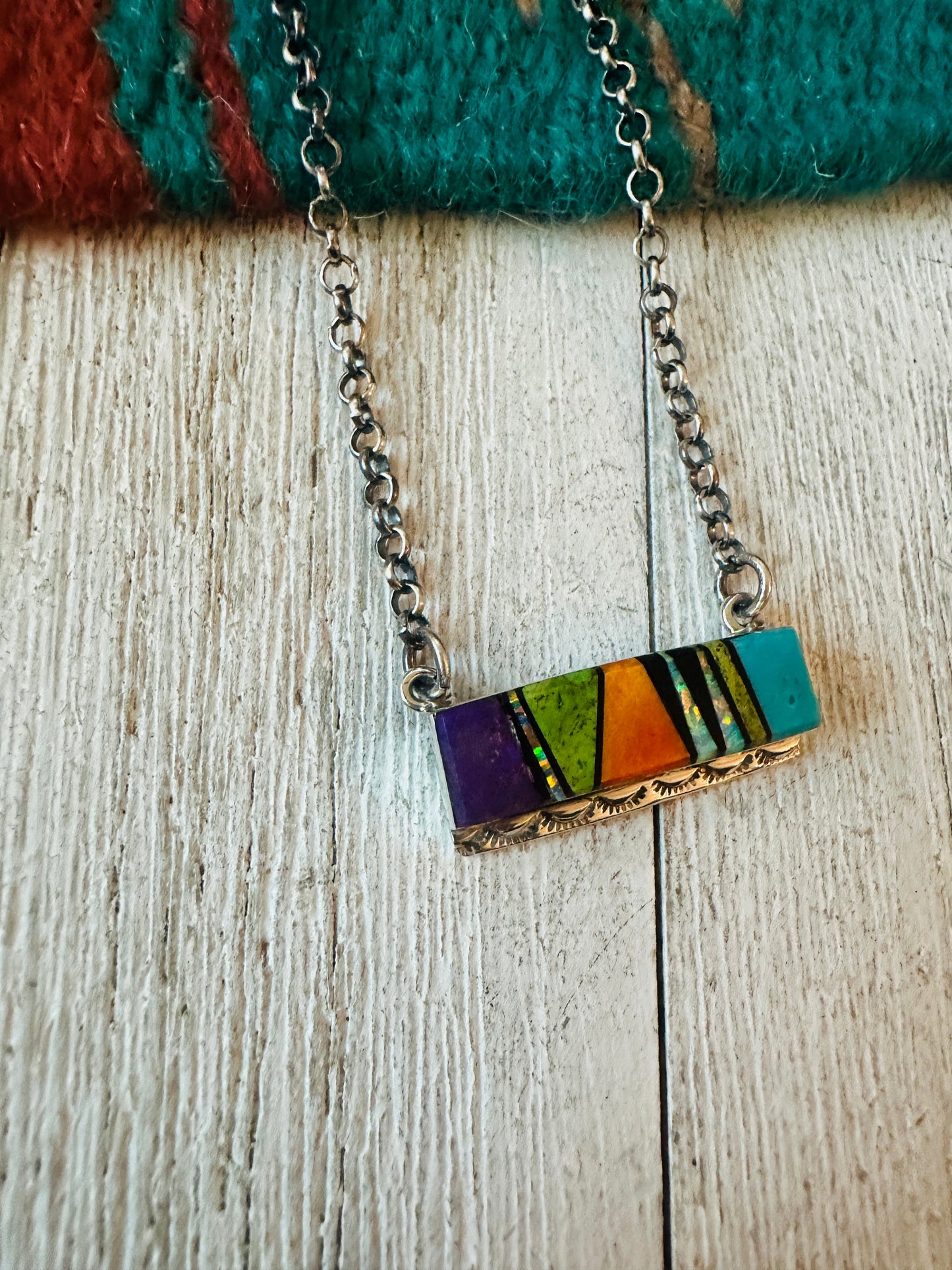 Handcrafted Multi Stone & Sterling Silver Inlay Bar Necklace