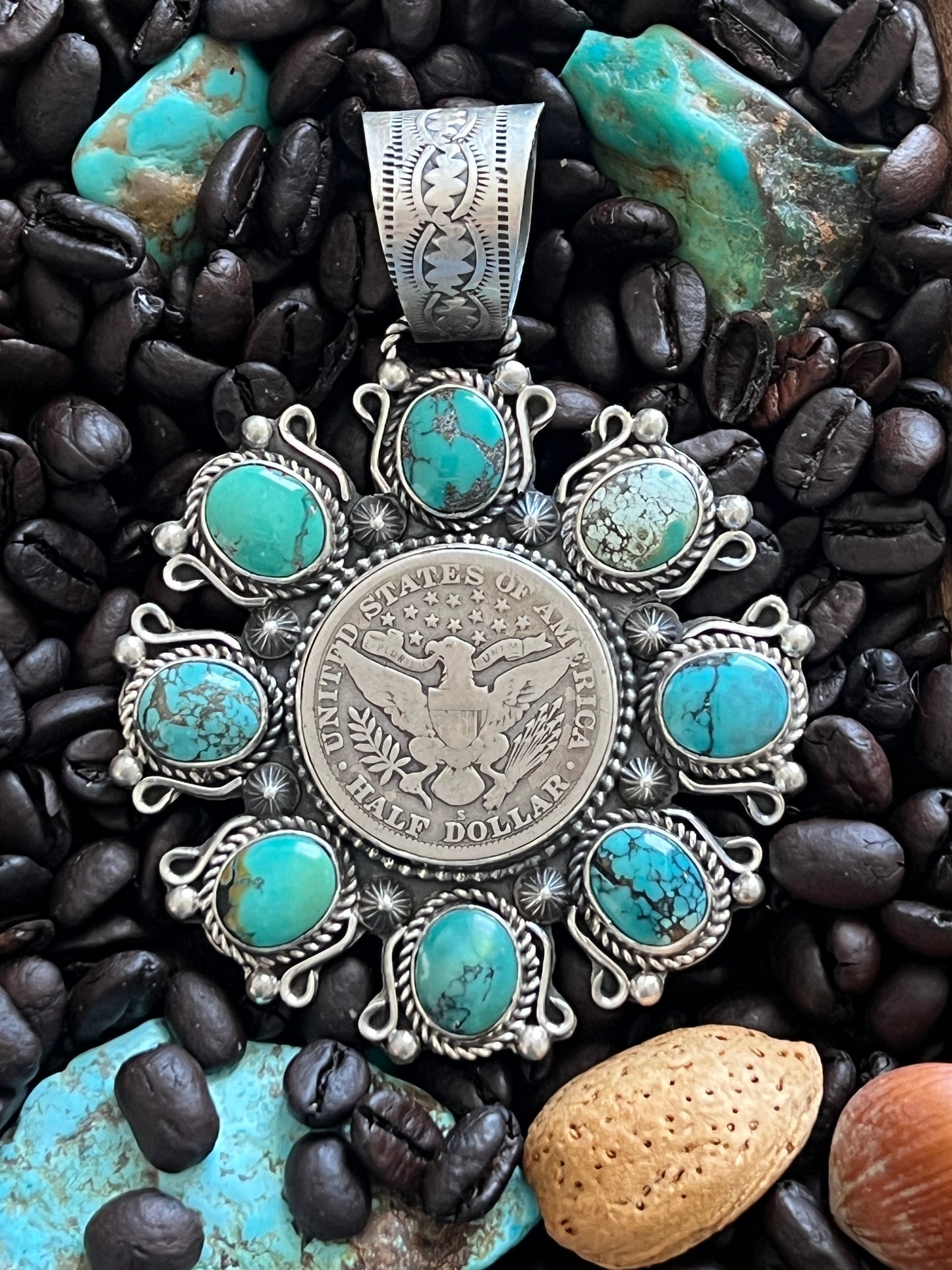 Rosella Paxson Hubei Turquoise and Barber Half Dollar Cluster Pendant
