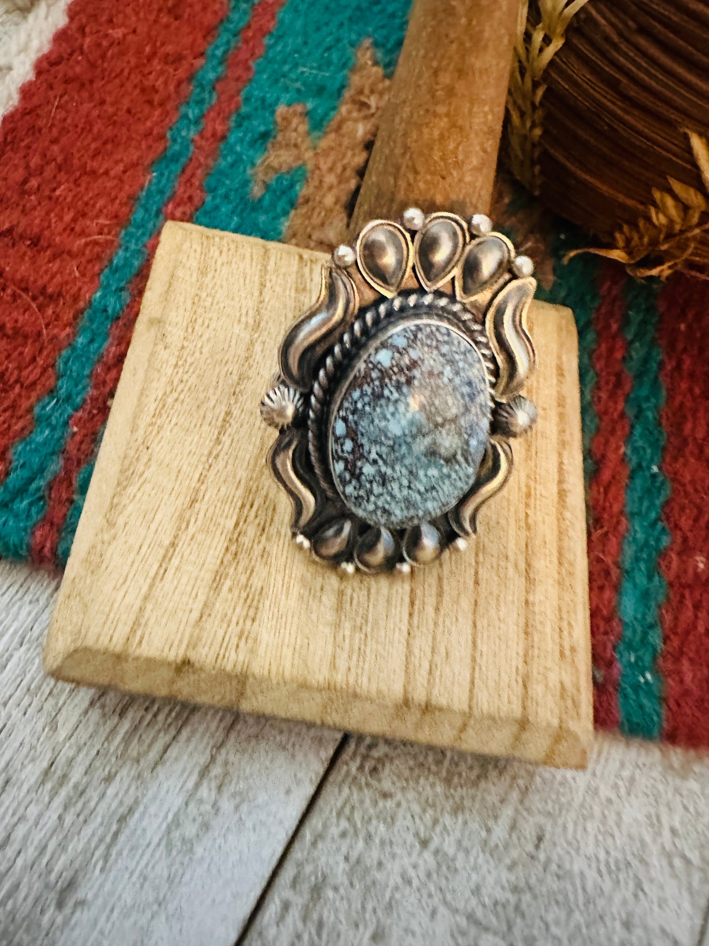 Handcrafted Kingman Web Turquoise & Sterling Silver Ring Size 10.5