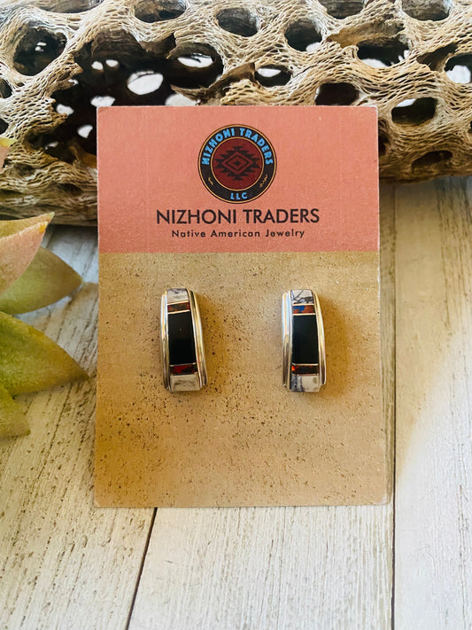 Handcrafted Multi Stone & Sterling Silver Inlay Dangle Earrings Signed