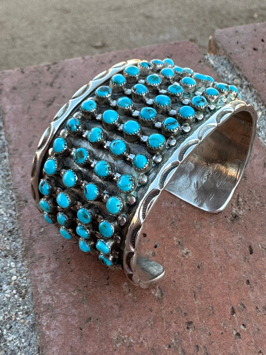 Estate Collection Old Pawn Handcrafted Sterling Silver & Turquoise Snake Eye Cuff Bracelet /