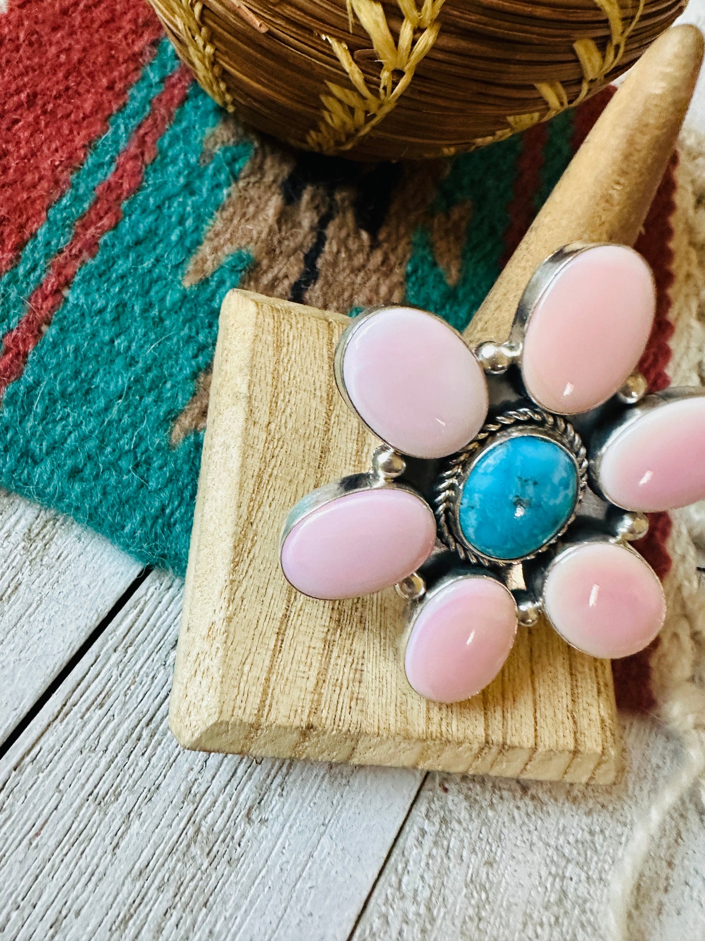 Handcrafted Sterling Silver, Queen Pink Conch & Turquoise Adjustable Flower Ring