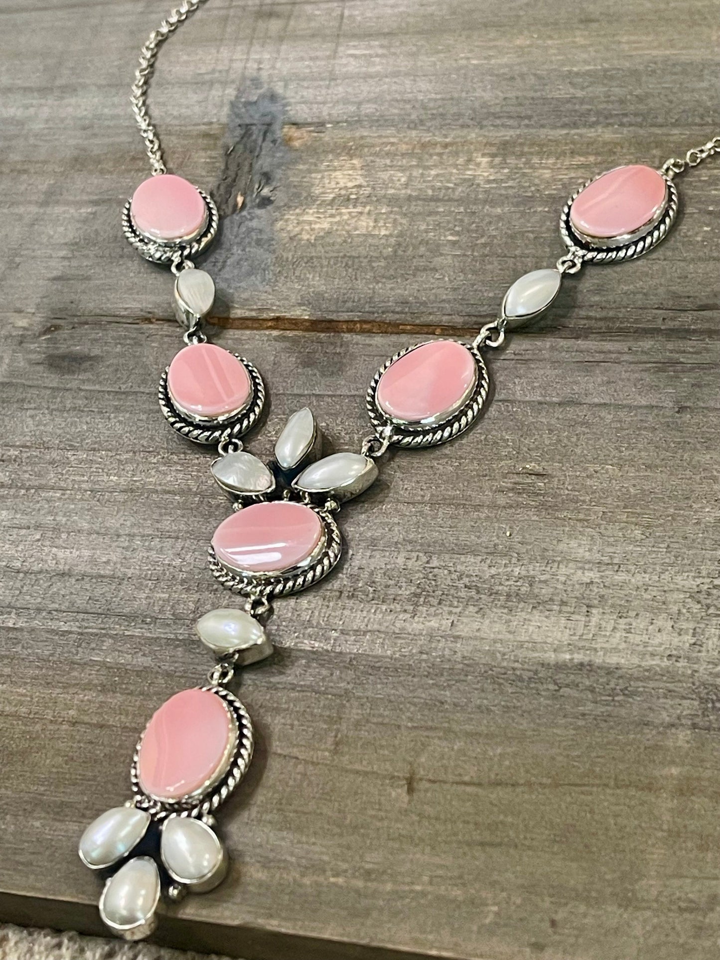 Handmade Sterling Silver, Pink Conch & Pearl Lariat Necklace