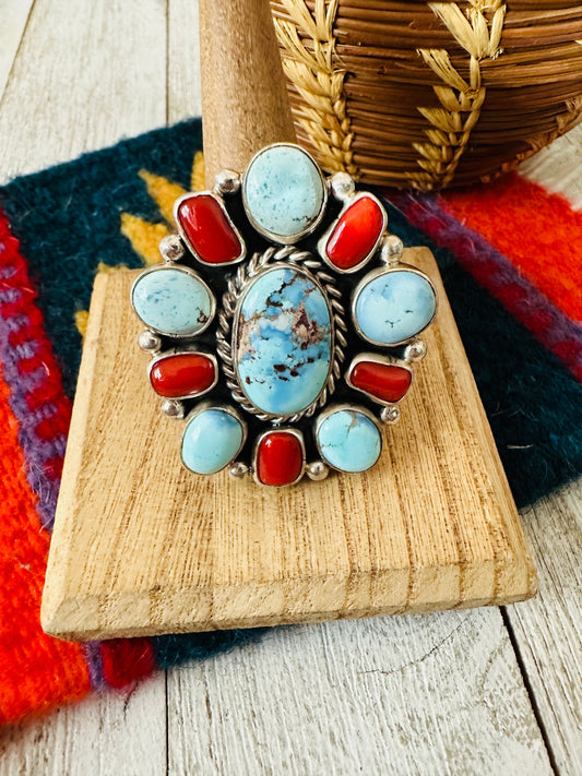 Handcrafted Golden Hills Turquoise, Coral & Sterling Silver Cluster Adjustable Ring