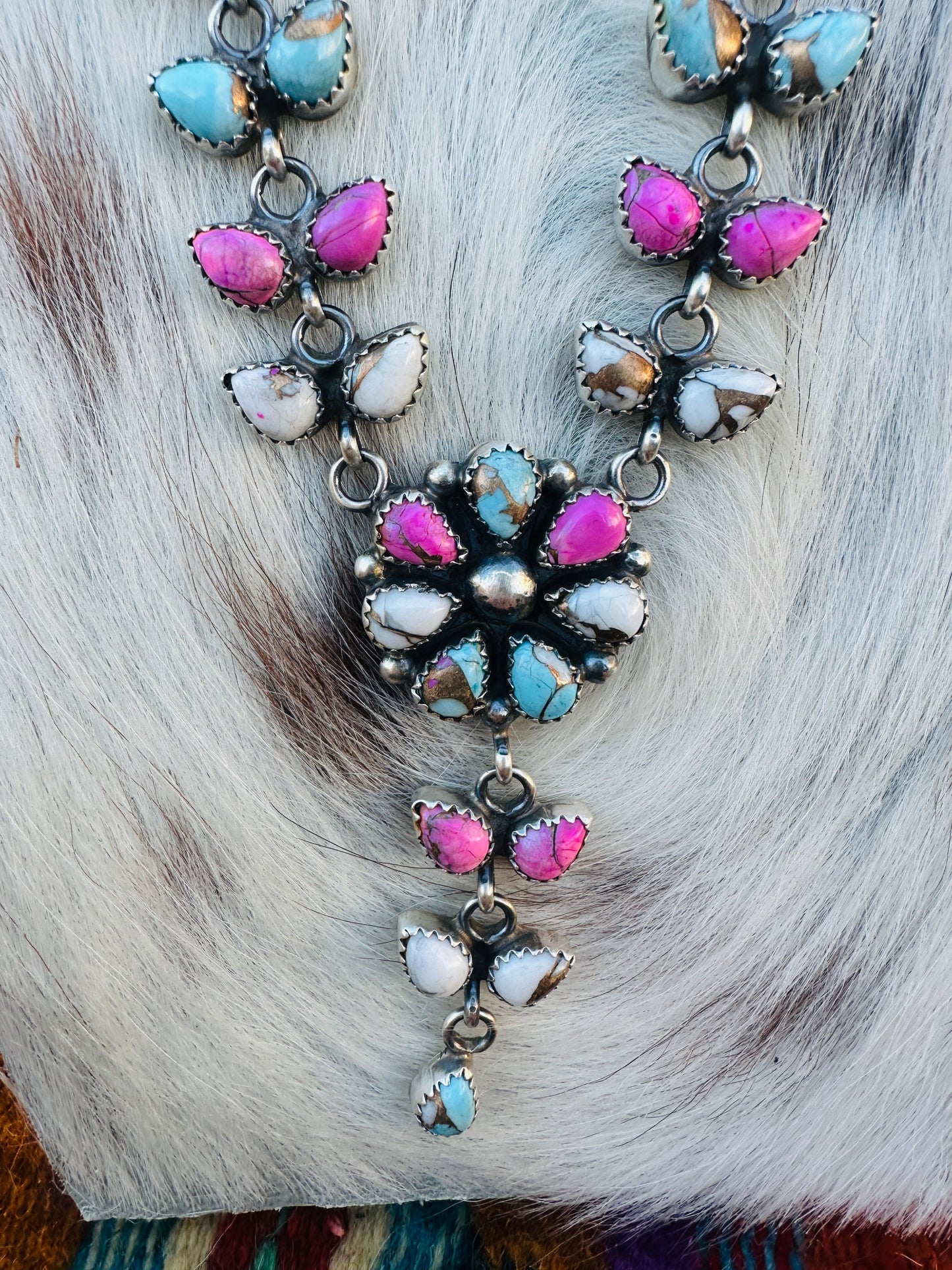 Handcrafted Cotton Candy & Sterling Silver Flower Cluster Necklace by Pearlene Spencer
