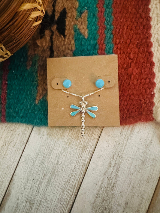 Zuni Sterling Silver & Turquoise Dragonfly Necklace and Earring Set